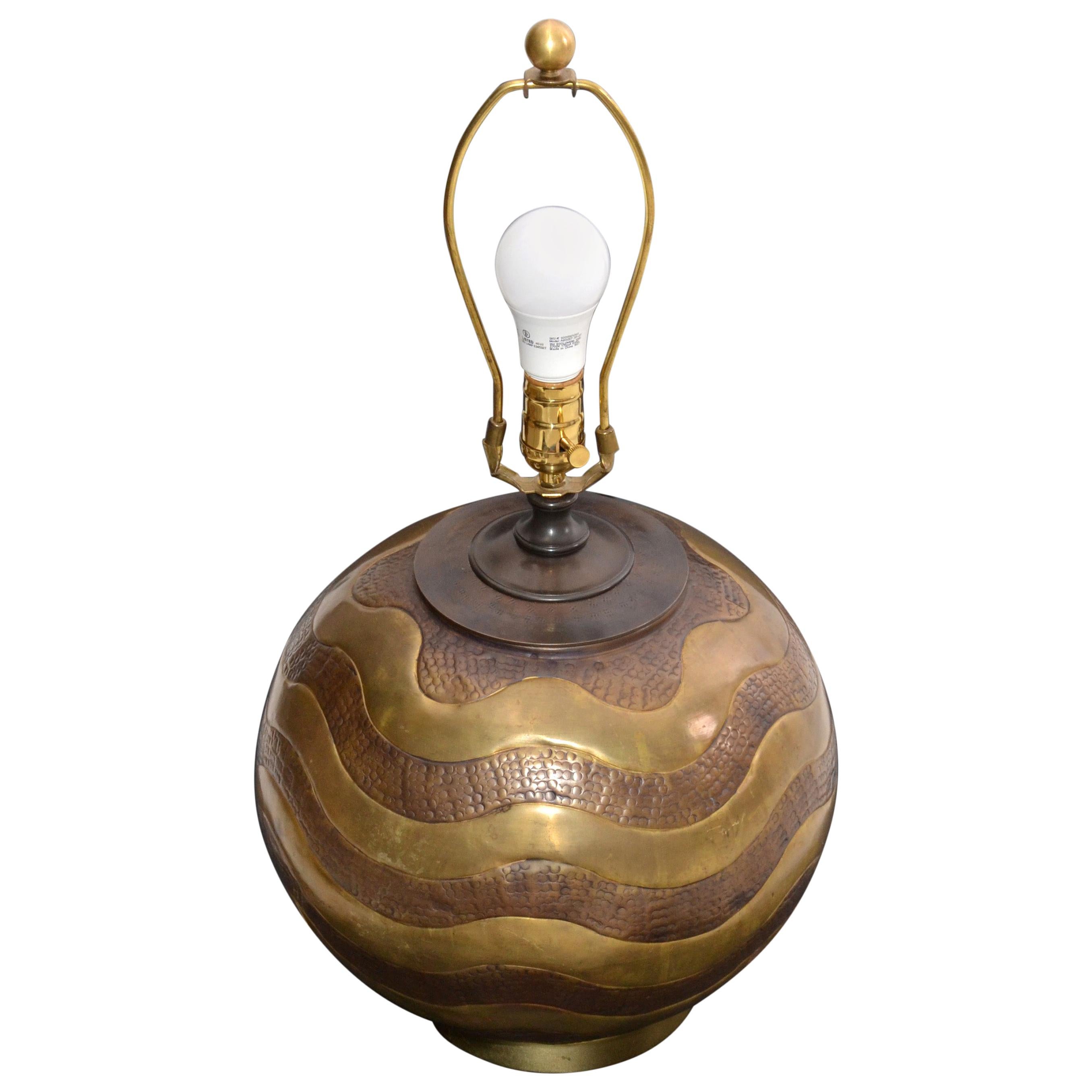 Mid-Century Modern Round Hammered Brass, Copper and Bronze Table Lamp