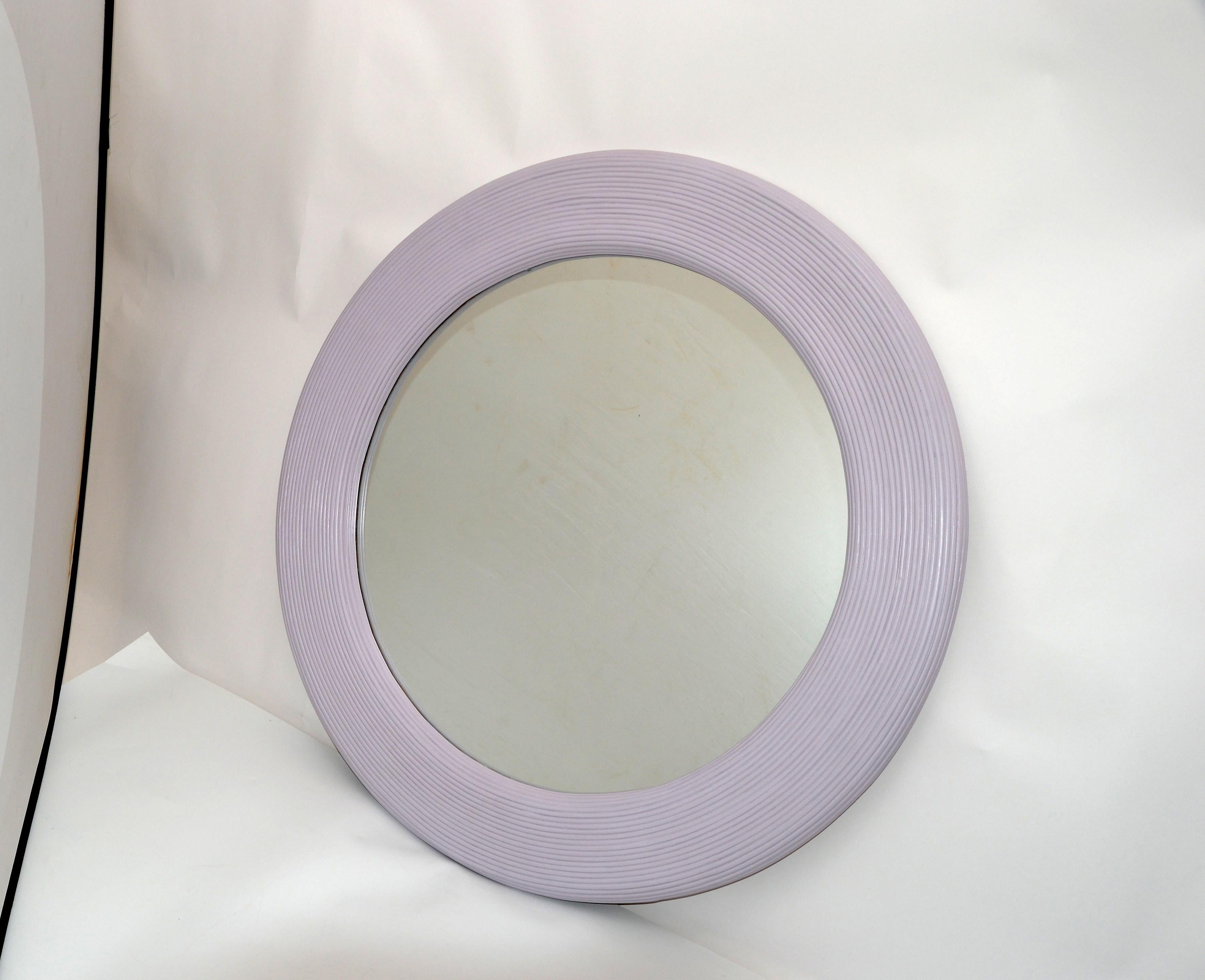 American Mid-Century Modern Round Handmade Light Purple Finish Pencil Reed Wall Mirror