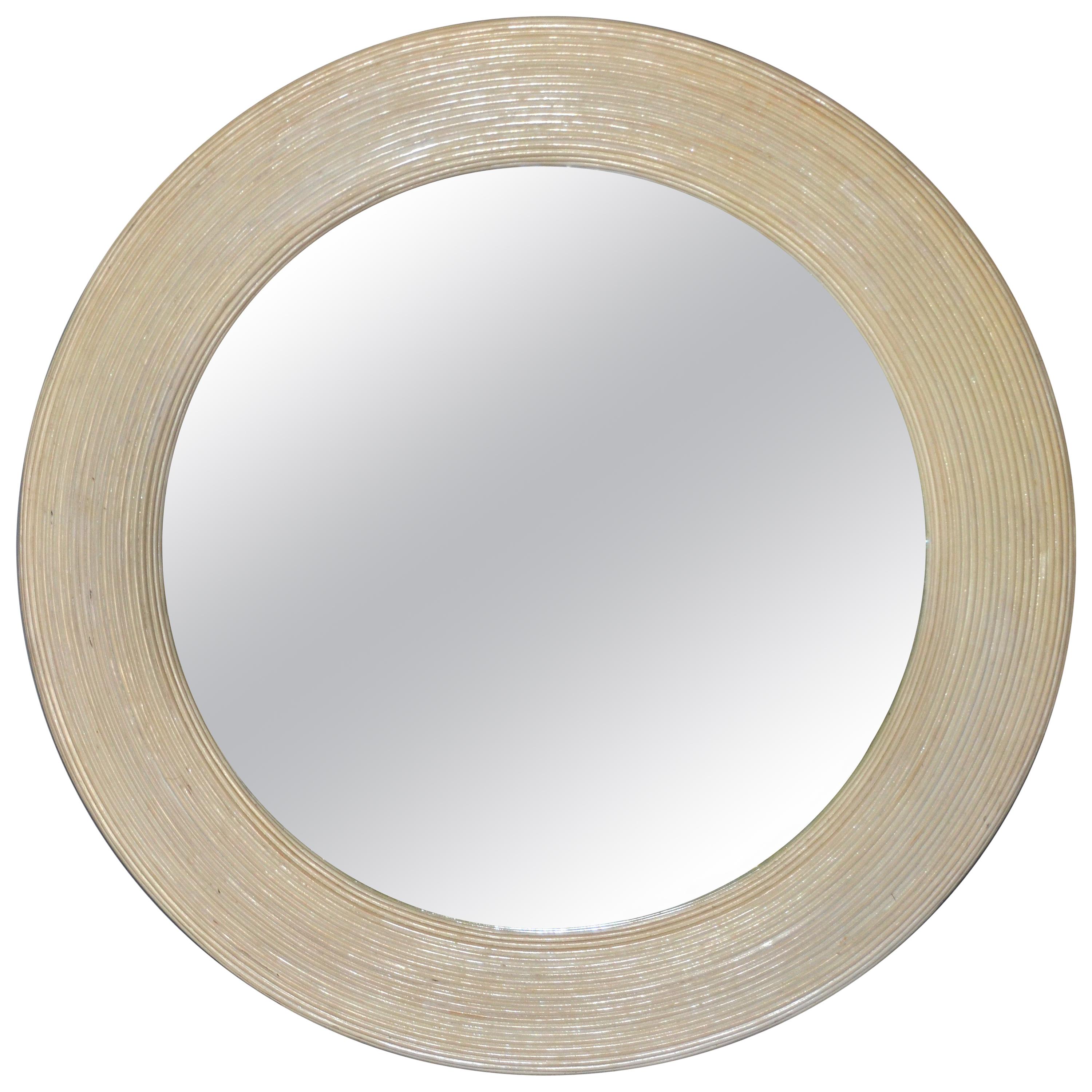 Mid-Century Modern Round Handmade White Washed Pencil Reed Wall Mirror ...