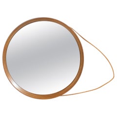 Specchio da parete rotondo in similpelle marrone in stile Mid-Century Modern, Fontana Arte, Italia 1960