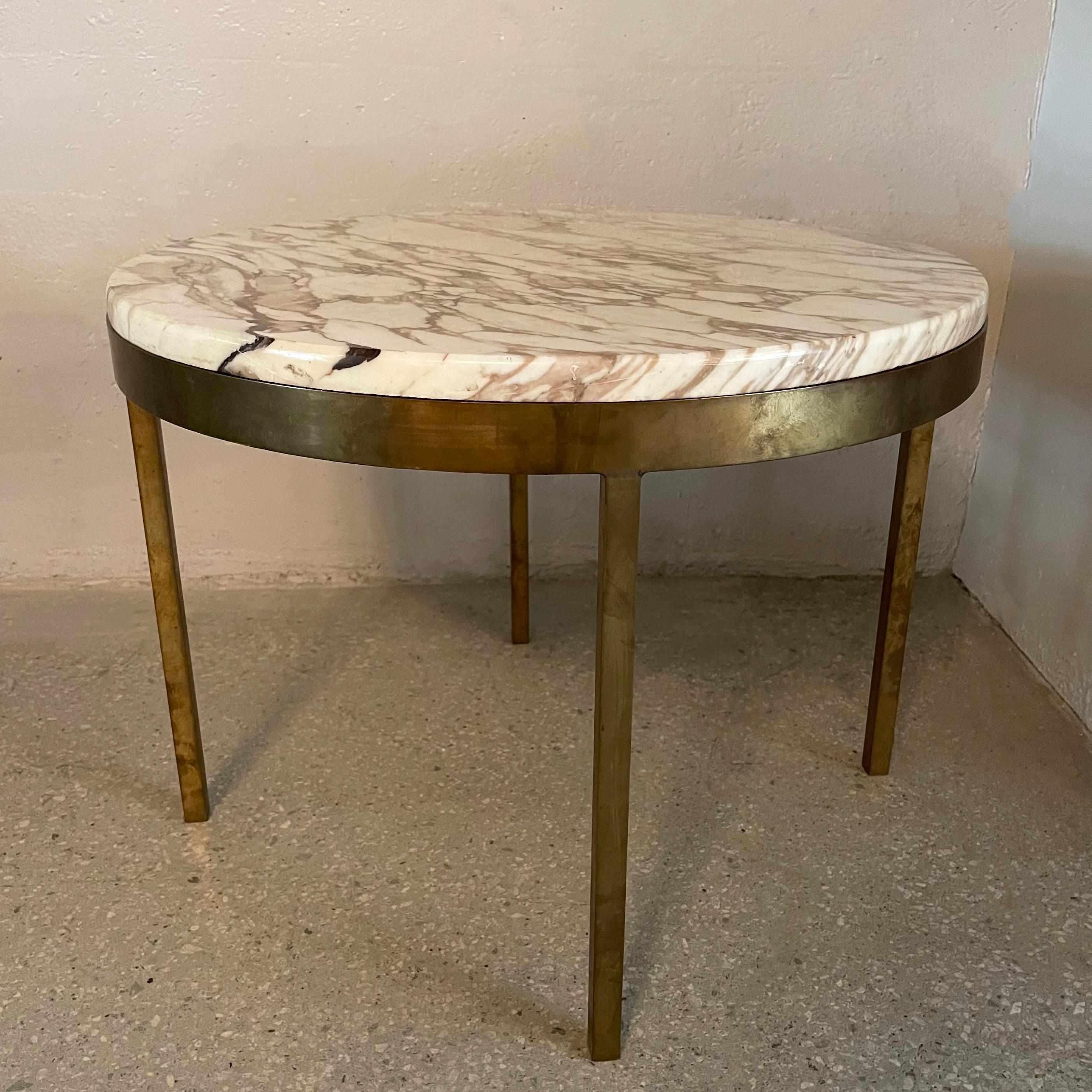 Mid-Century Modern, side or small coffee table features a minimal, solid bronze frame with beautifully grained marble top.