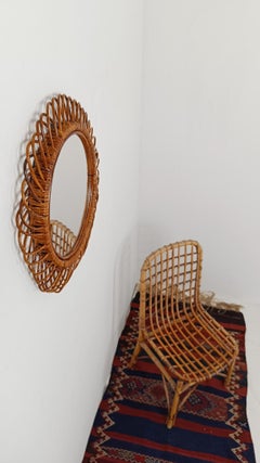 Mid-Century Modern Round Mirror made in Cane and Rattan, Franco Albini Style 50s