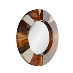 Mid-Century Modern Round Mirror Wood Frame Marquetry, Ebony Wood & Bird Eye
