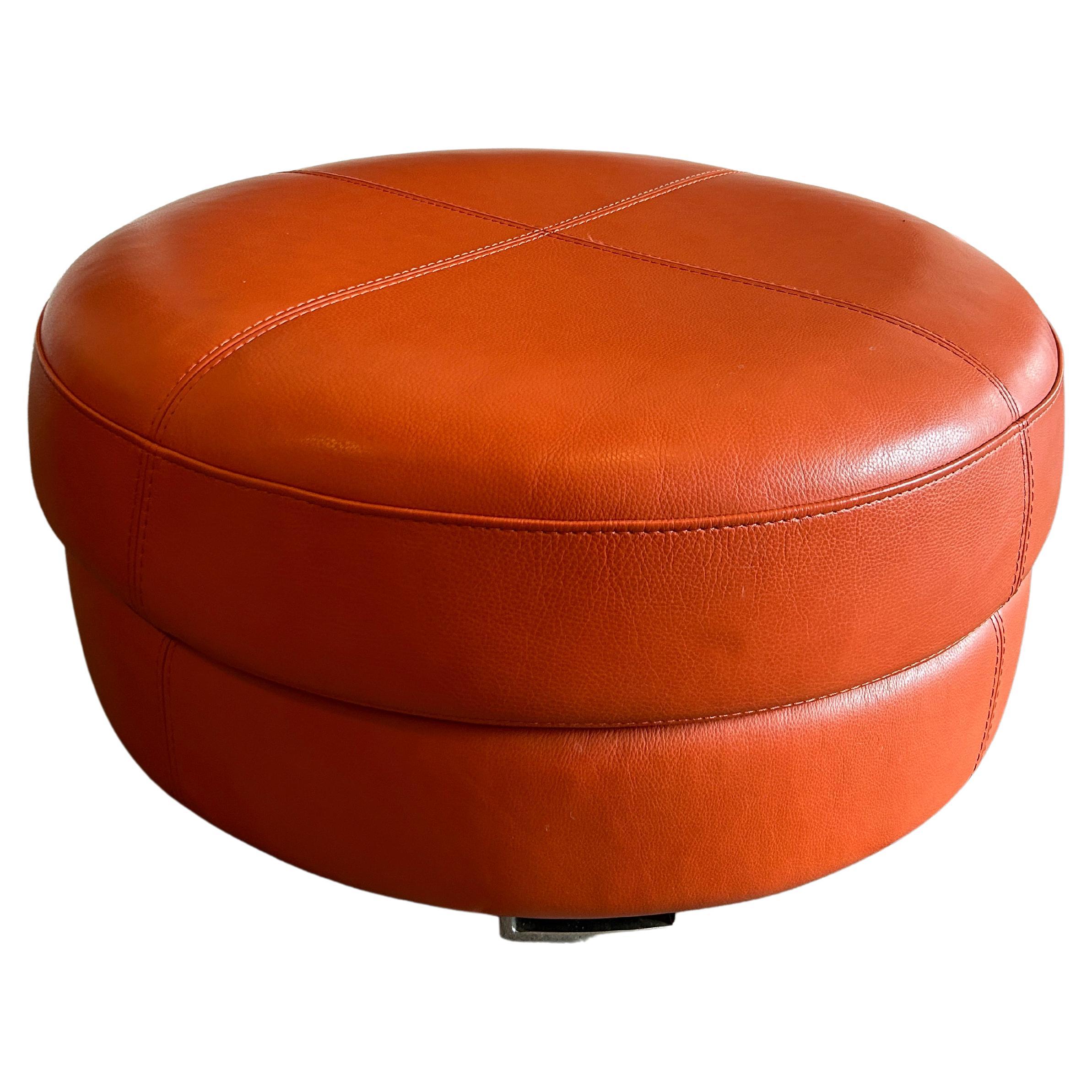 Mid-Century Modern Round Orange Leather Ottoman Stool Pouf