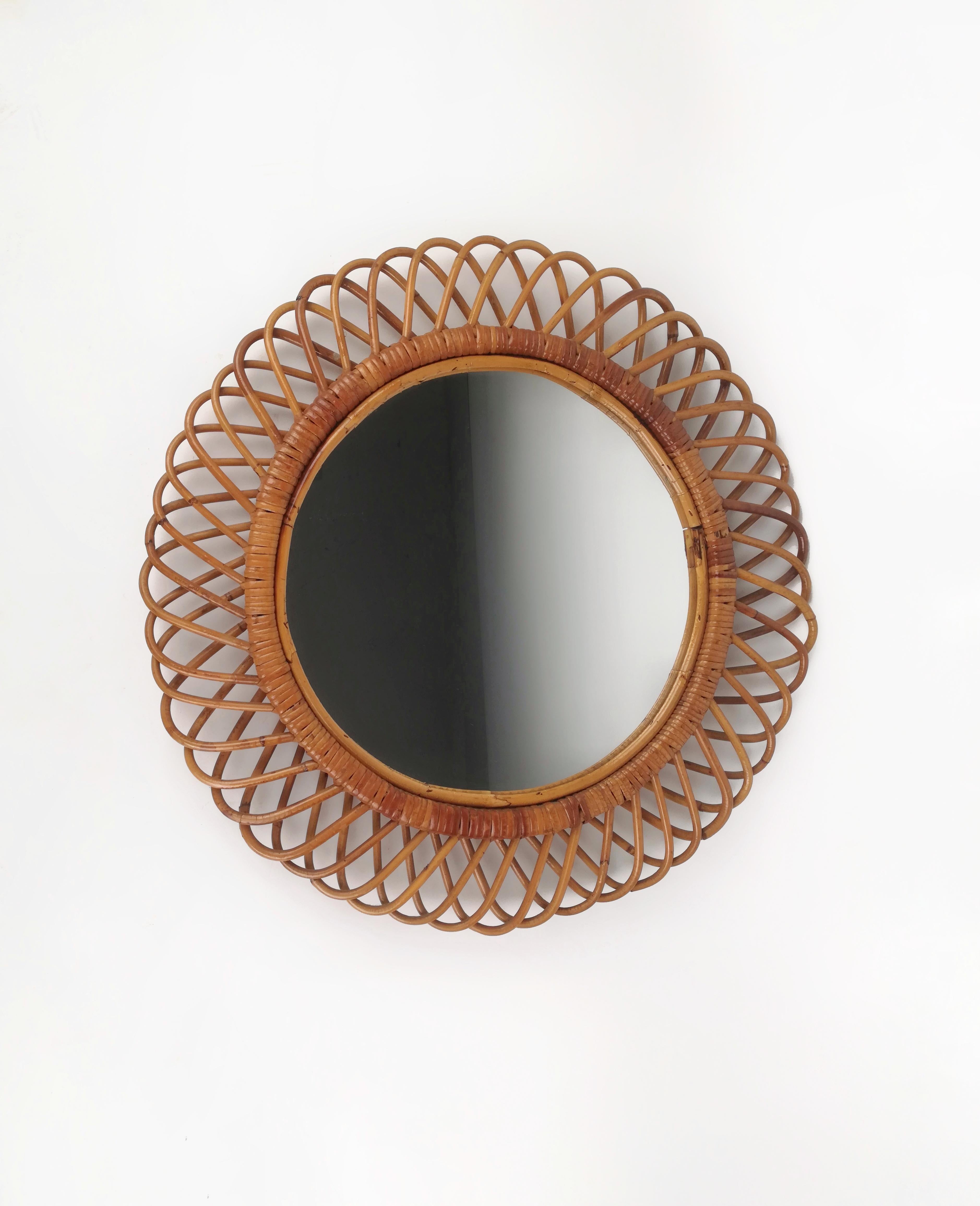 Mid-Century Modern Round Rattan and Bamboo Mirror, Italy, 1960s For Sale 5