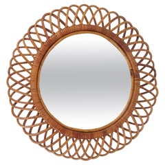 Mid-Century Modern Round Rattan and Bamboo Mirror, Italy, 1960s
