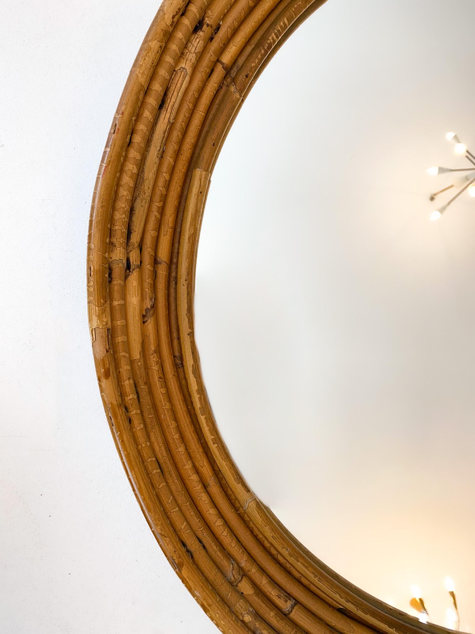 Mid-Century Modern Round Rattan Wall Mirror, Italy, 1970s For Sale 8