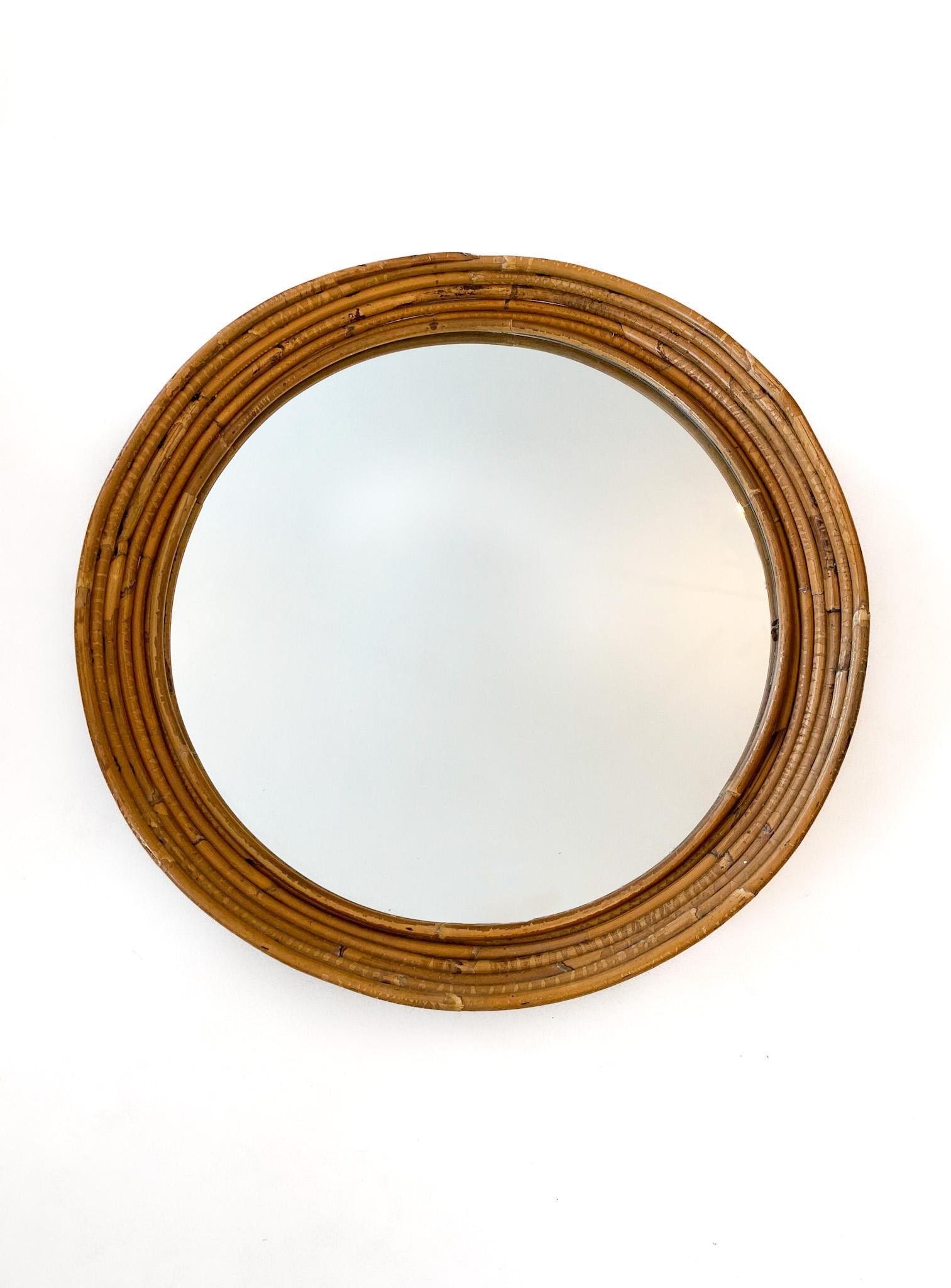 Hand-Crafted Mid-Century Modern Round Rattan Wall Mirror, Italy, 1970s For Sale