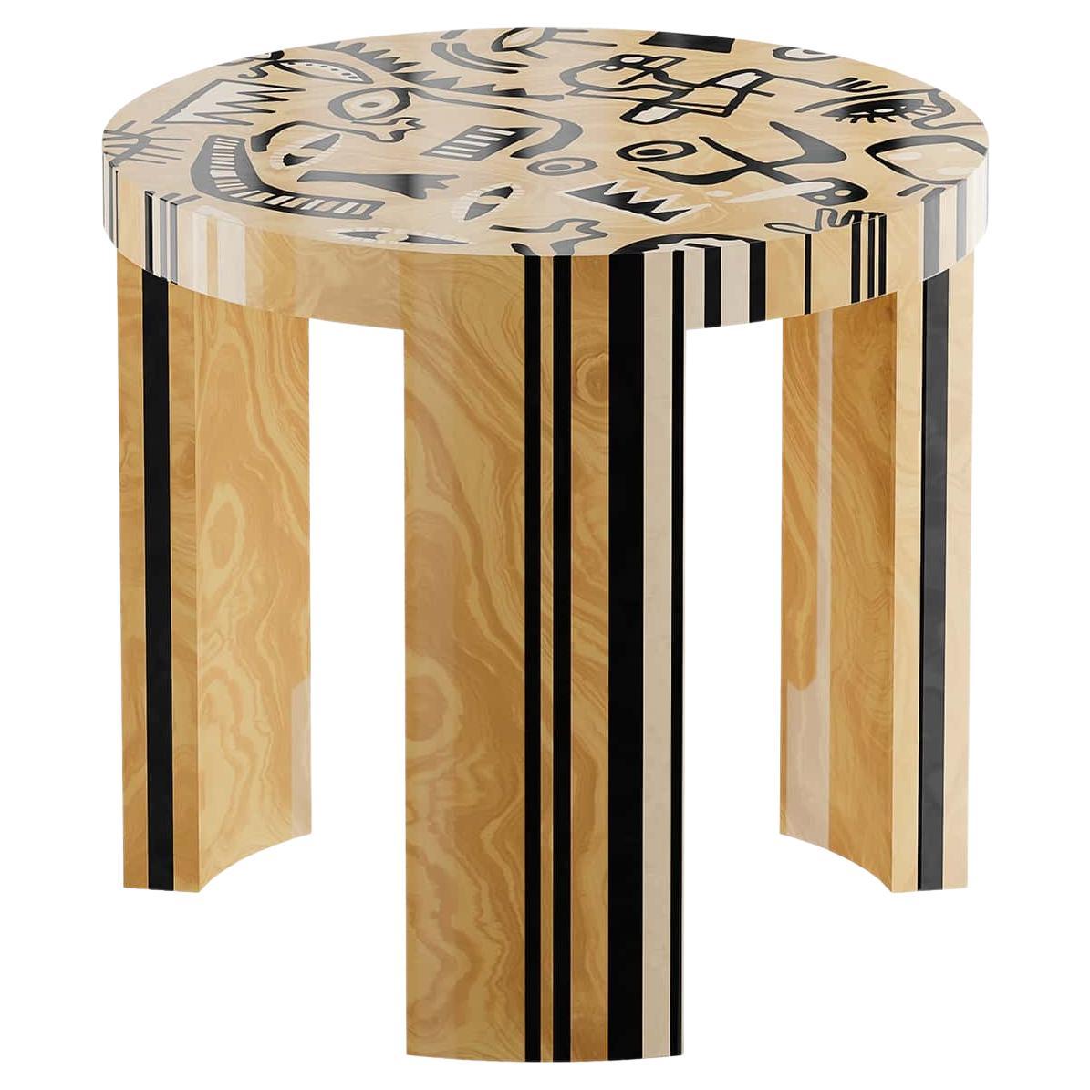 Mid-Century Modern Round Side Table Contemporary Urban Art Print Wood Marquetry For Sale
