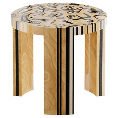 Mid-Century Modern Round Side Table Contemporary Urban Art Print Wood Marquetry