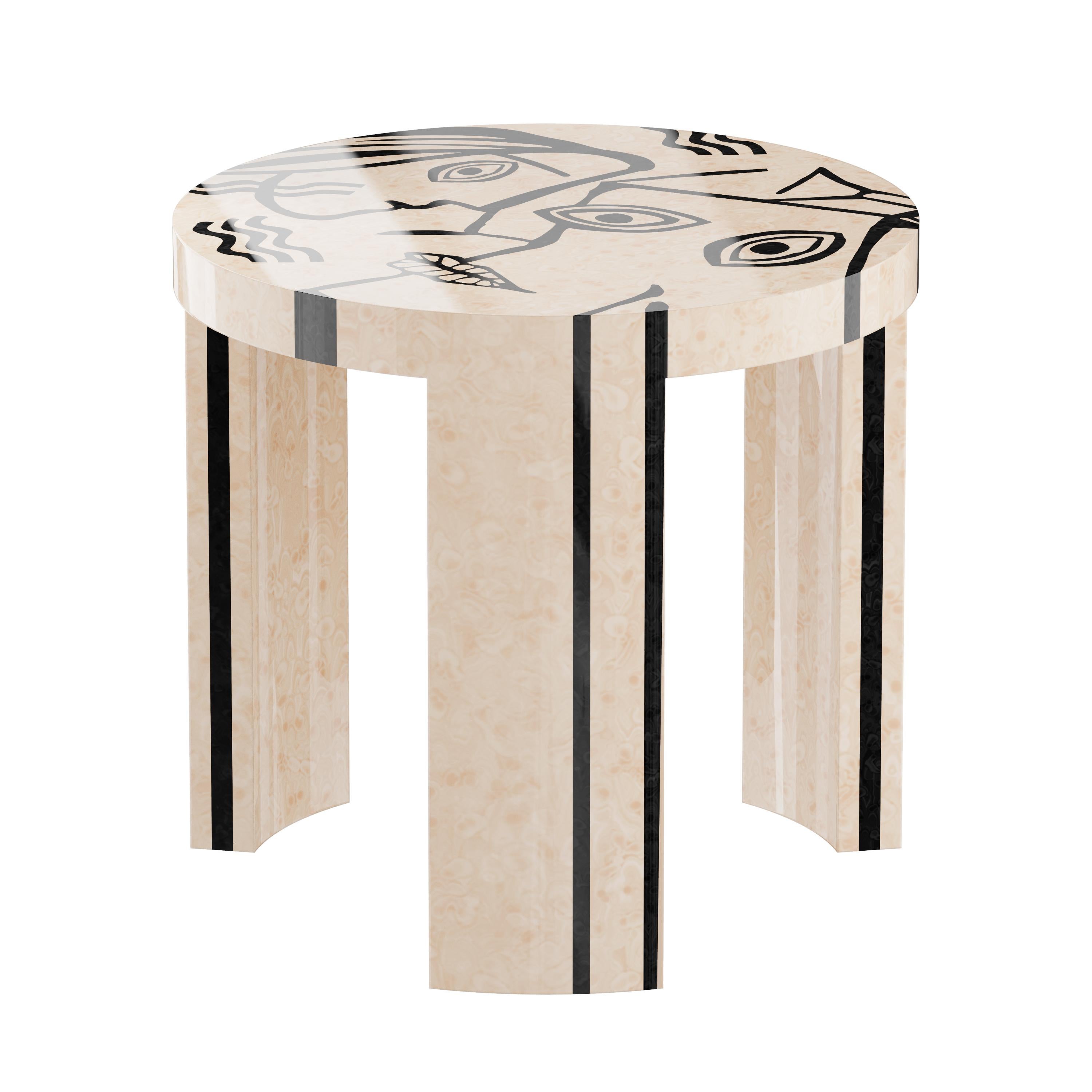 Portuguese Mid-Century Modern Round Side Table Abstract Cubist Pattern White Wood Marquetry For Sale