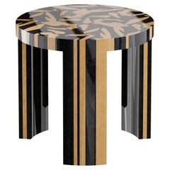 Modern Round Side Table Figure Abstract Pattern Wood Marquetry Beige & Black