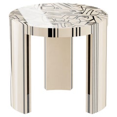 Modern Round Side Table Minimal Abstract Cubist Pattern White Wood Marquetry