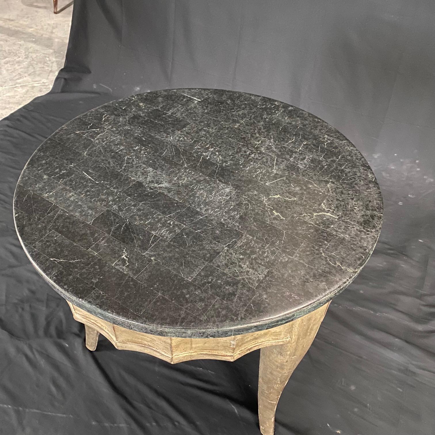 Silvered Mid-Century Modern Round Silver Leaf Side Table with Green Marble Top For Sale