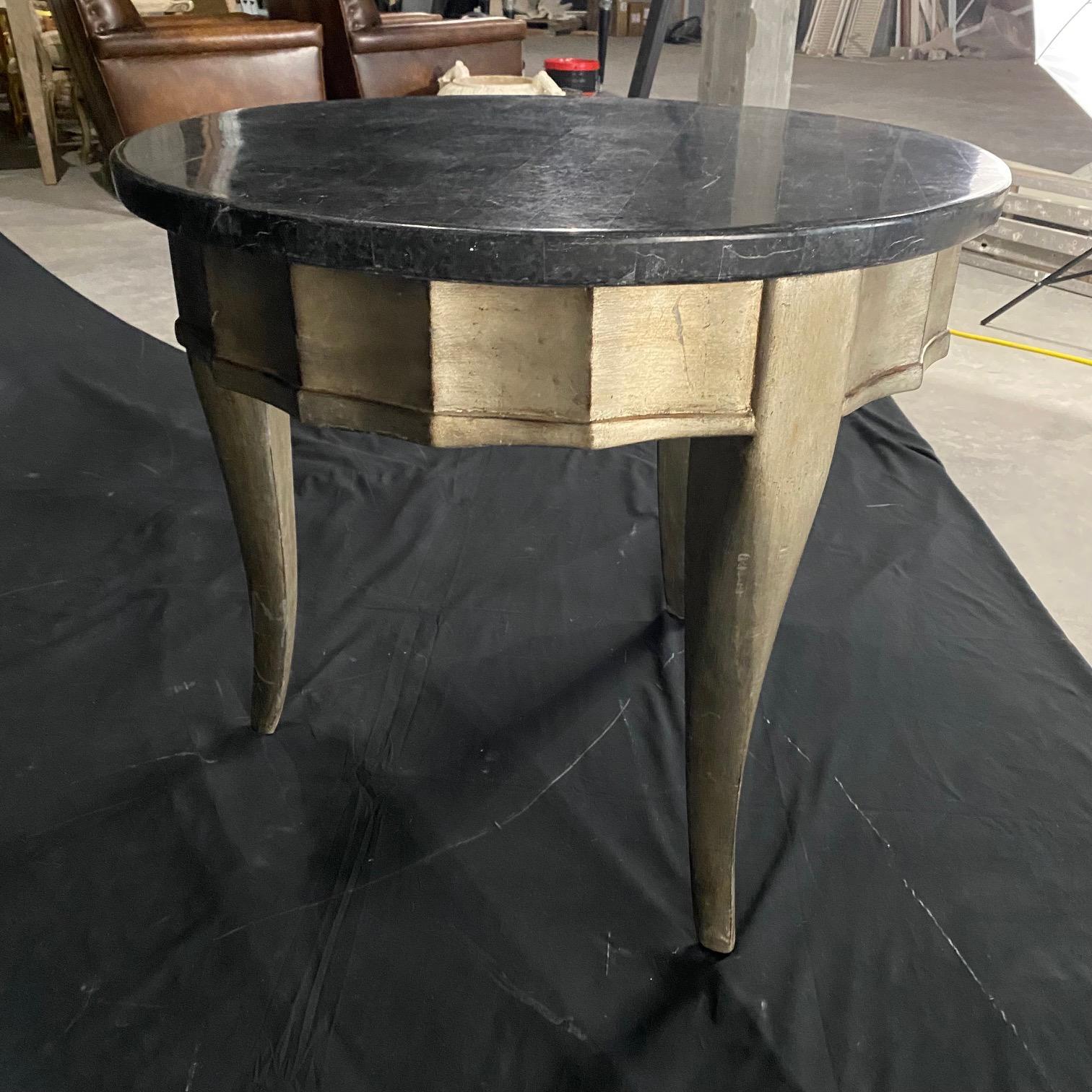 Late 20th Century Mid-Century Modern Round Silver Leaf Side Table with Green Marble Top For Sale