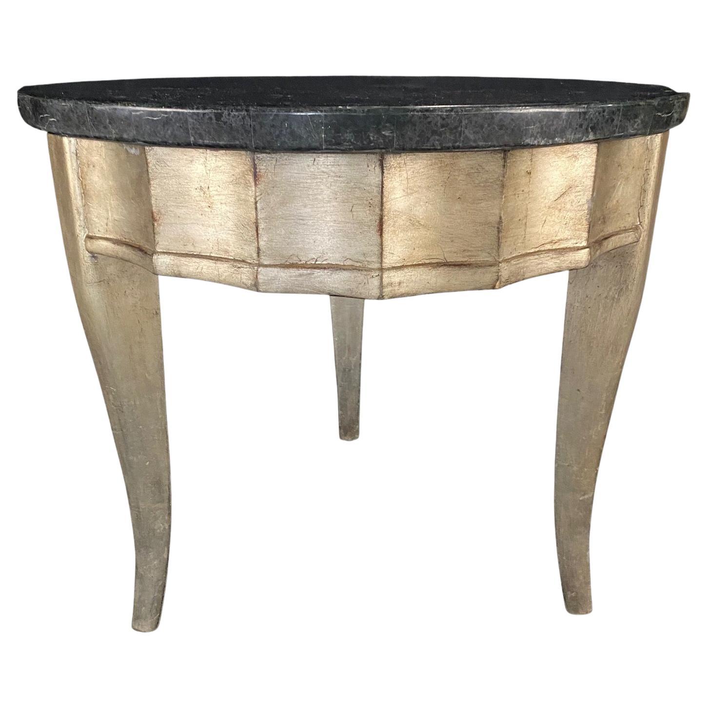 Mid-Century Modern Round Silver Leaf Side Table with Green Marble Top