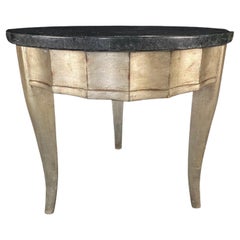 Retro Mid-Century Modern Round Silver Leaf Side Table with Green Marble Top