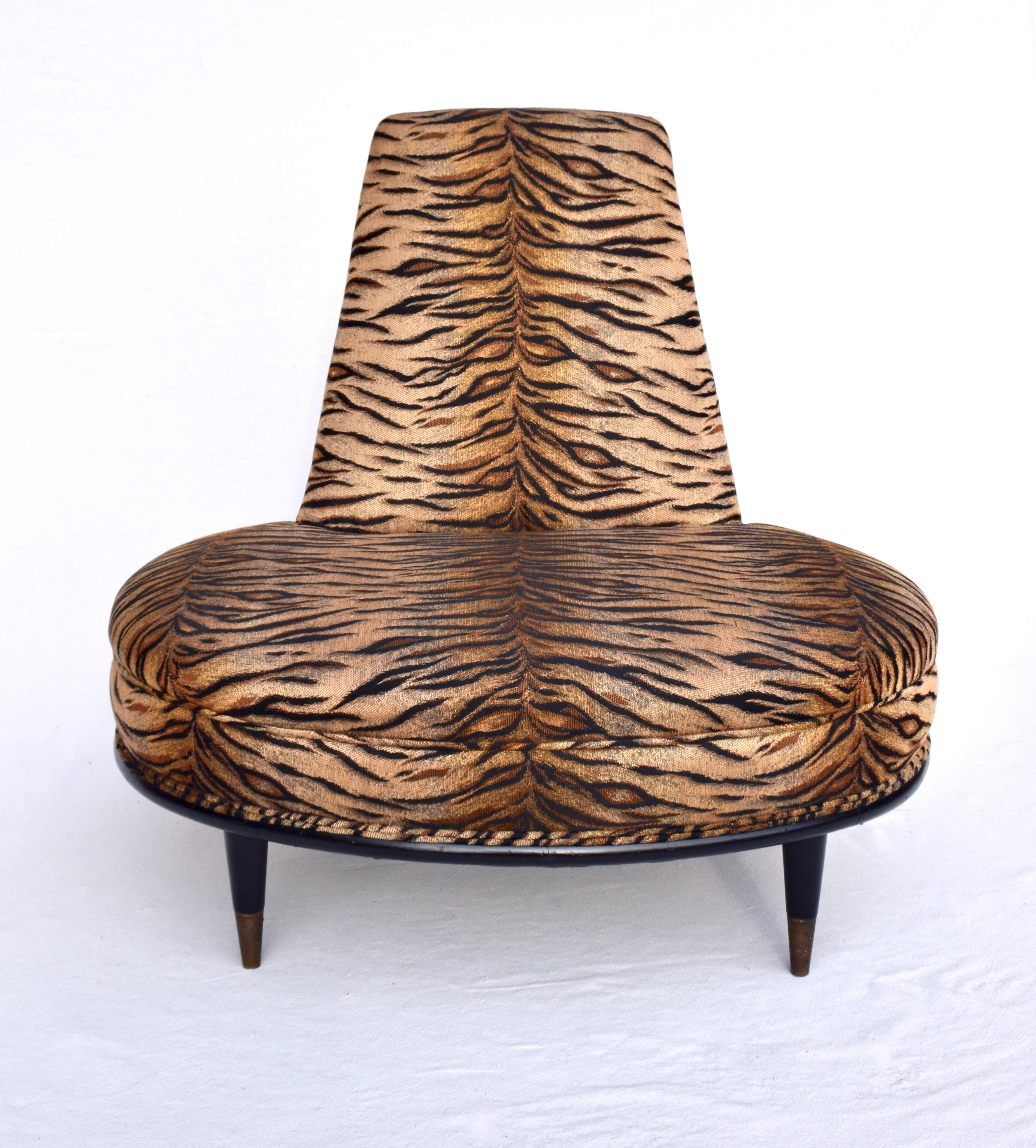 1960's round slipper chair in custom tiger upholstery with sculpted reverse tapered form back & brass capped tapered legs.  Generous proportions of exceptional comfort & quality in the manner of Adrian Pearsall; ready for use. Seat: 16