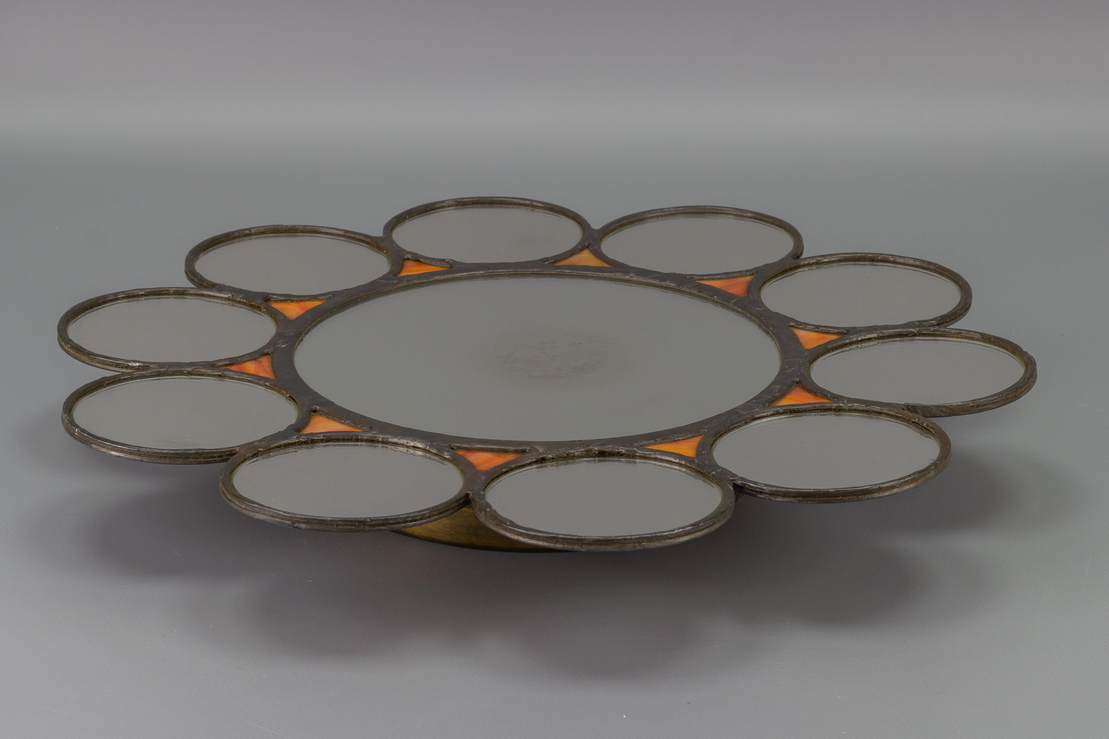 Mid-Century Modern Round Sun-Shaped Backlit Metal and Orange Glass Wall Mirror For Sale 5