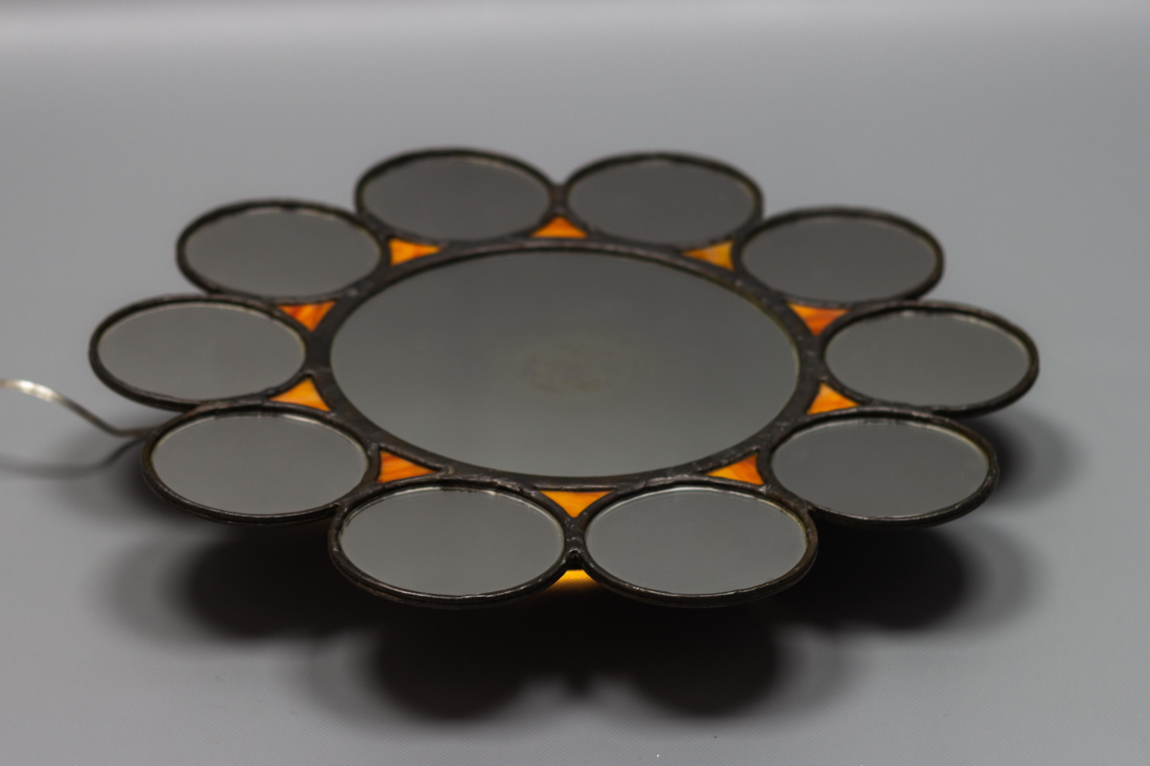 Mid-Century Modern Round Sun-Shaped Backlit Metal and Orange Glass Wall Mirror For Sale 7