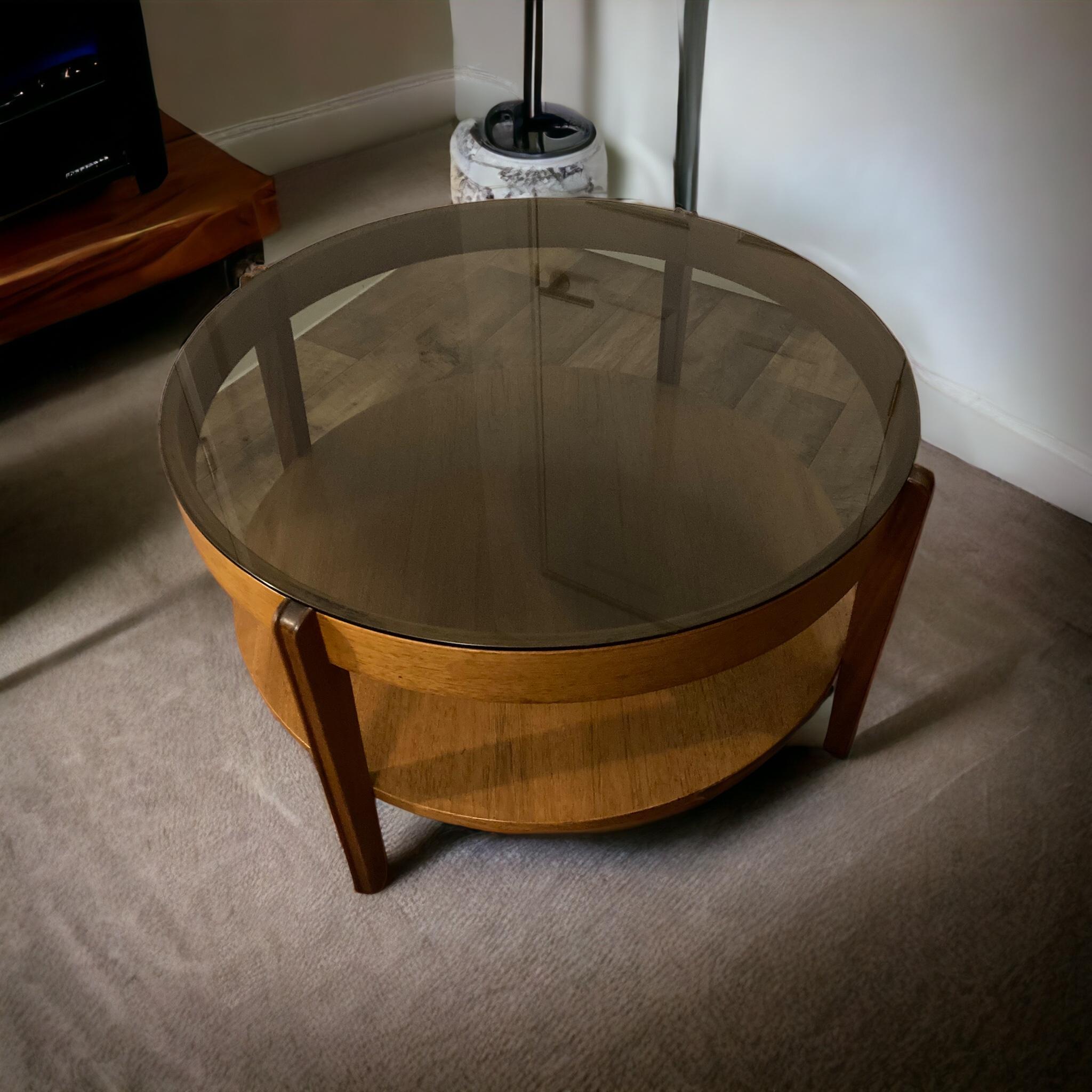 Mid Century Modern round Teak Coffee Table, smoked glass by Remploy of England. 2