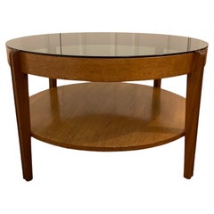 Vintage Mid Century Modern round Teak Coffee Table, smoked glass by Remploy of England.