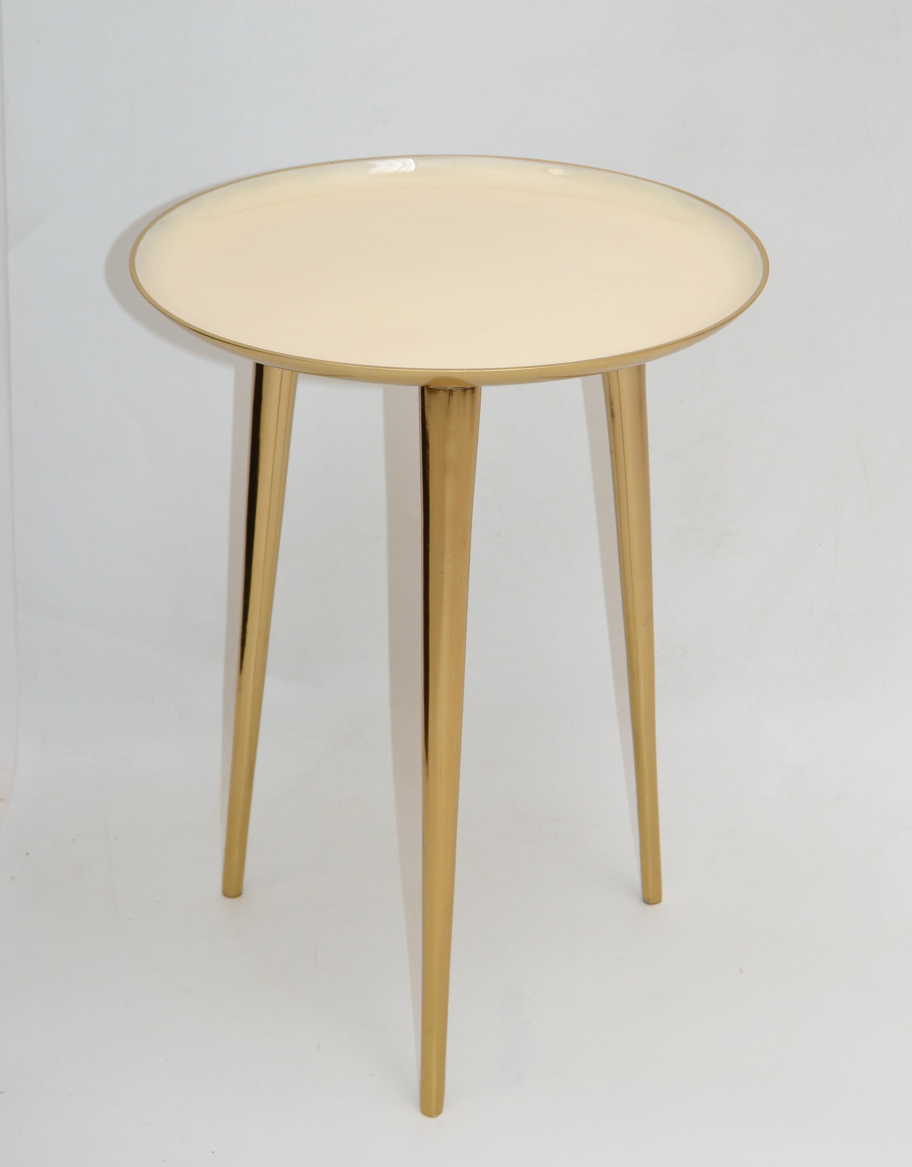 Mid-Century Modern Round Three-Legged Brass & Beige Enamel Side, End Table 1950s 2