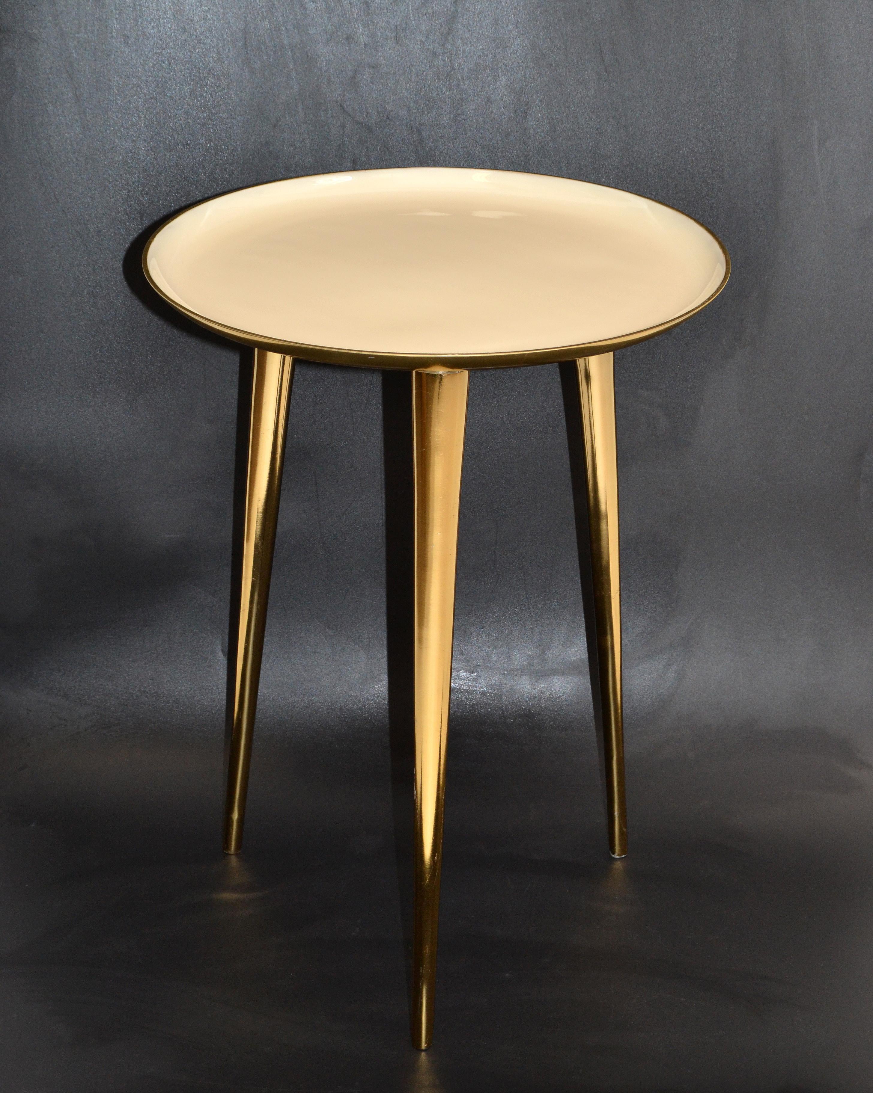 Mid-Century Modern Round Three-Legged Brass & Beige Enamel Side, End Table 1950s 3