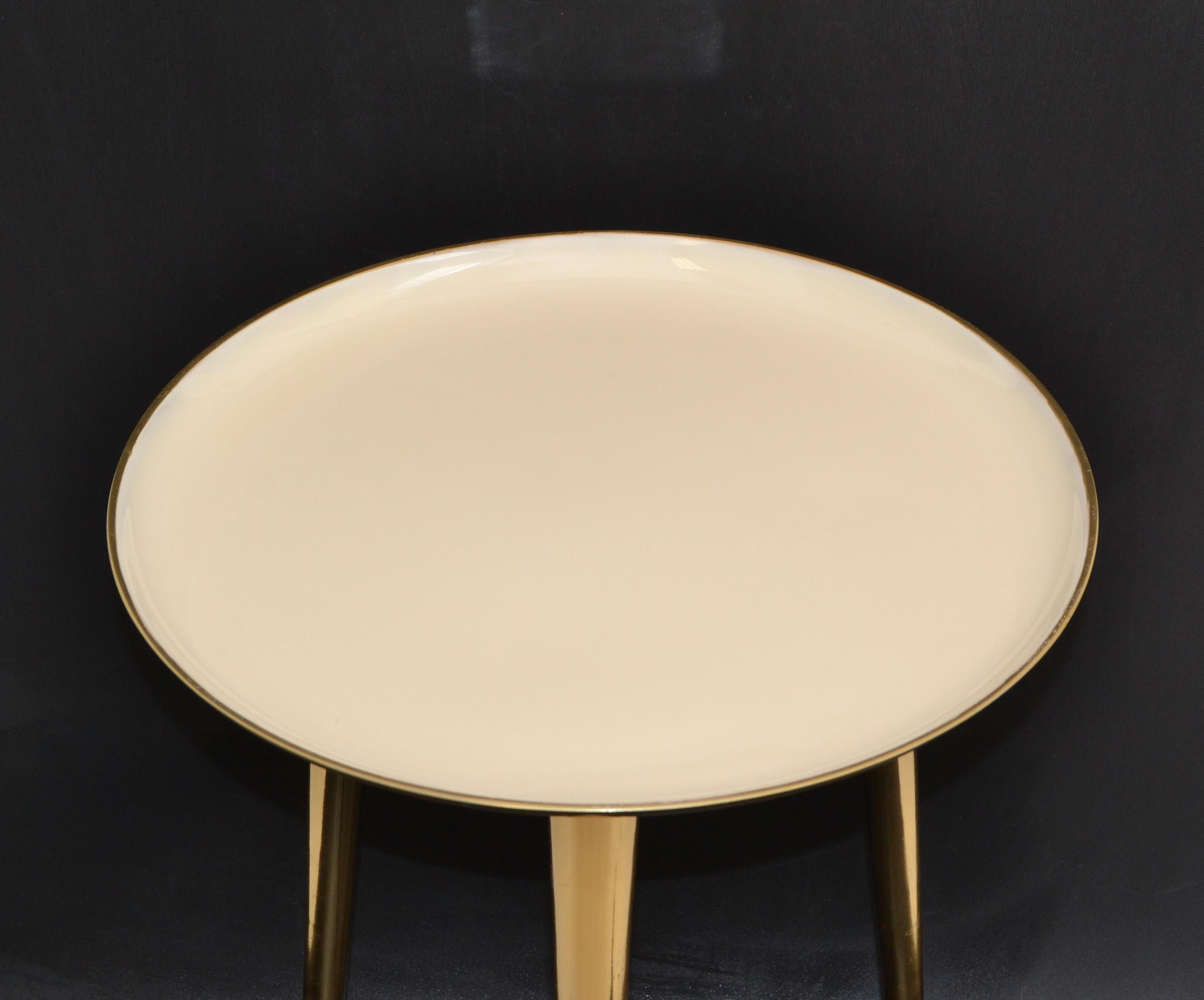 Mid-Century Modern Round Three-Legged Brass & Beige Enamel Side, End Table 1950s 4