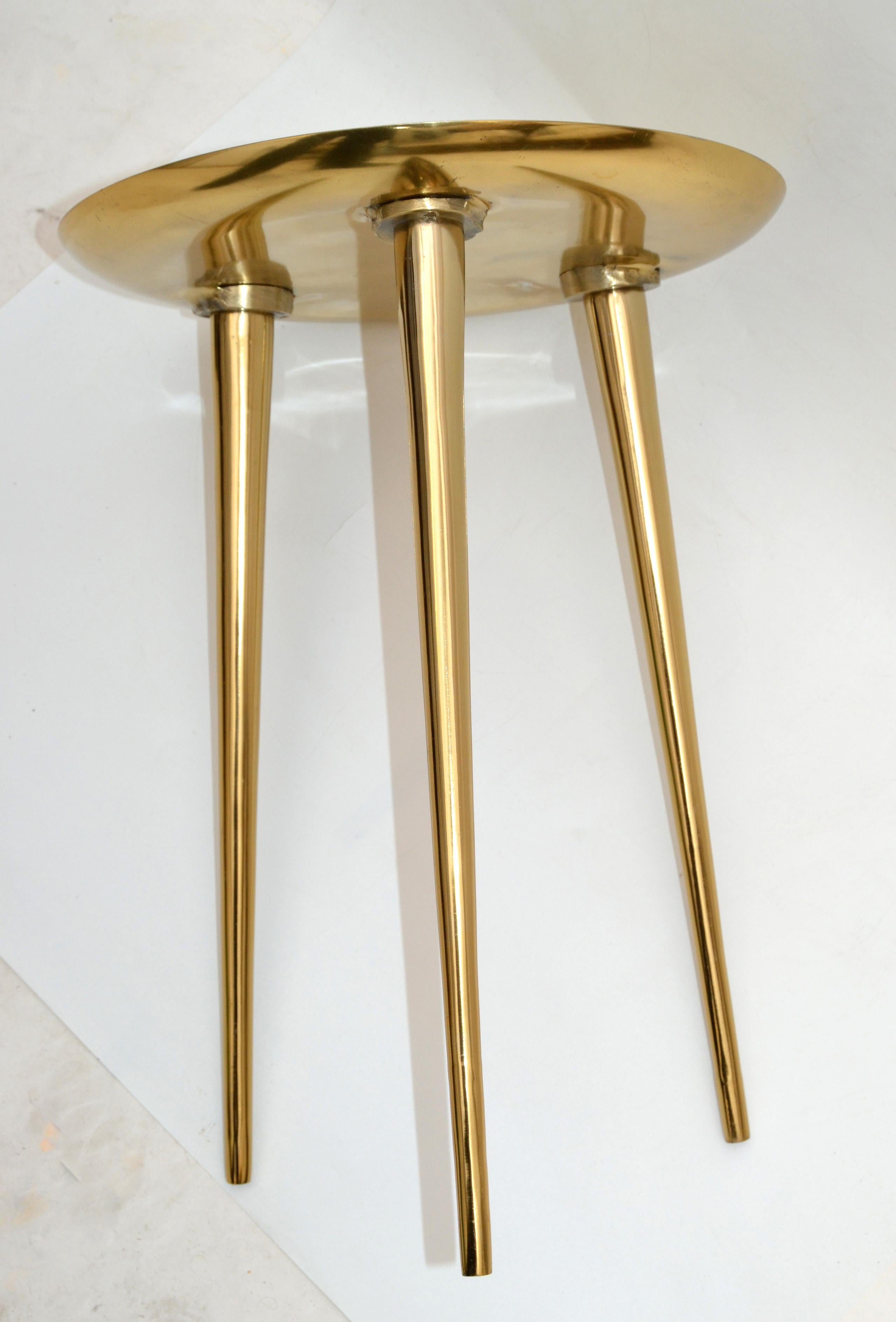 Mid-Century Modern Round Three-Legged Brass & Beige Enamel Side, End Table 1950s 5