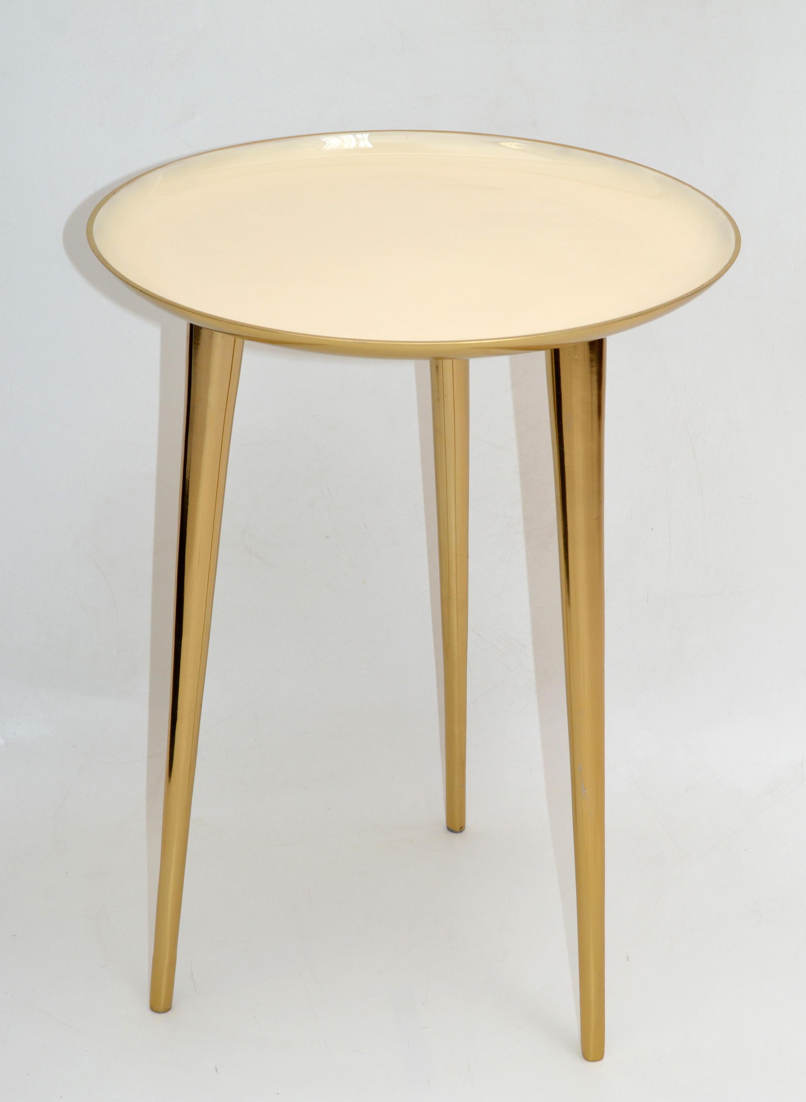 Mid-Century Modern Round Three-Legged Brass & Beige Enamel Side, End Table 1950s 7