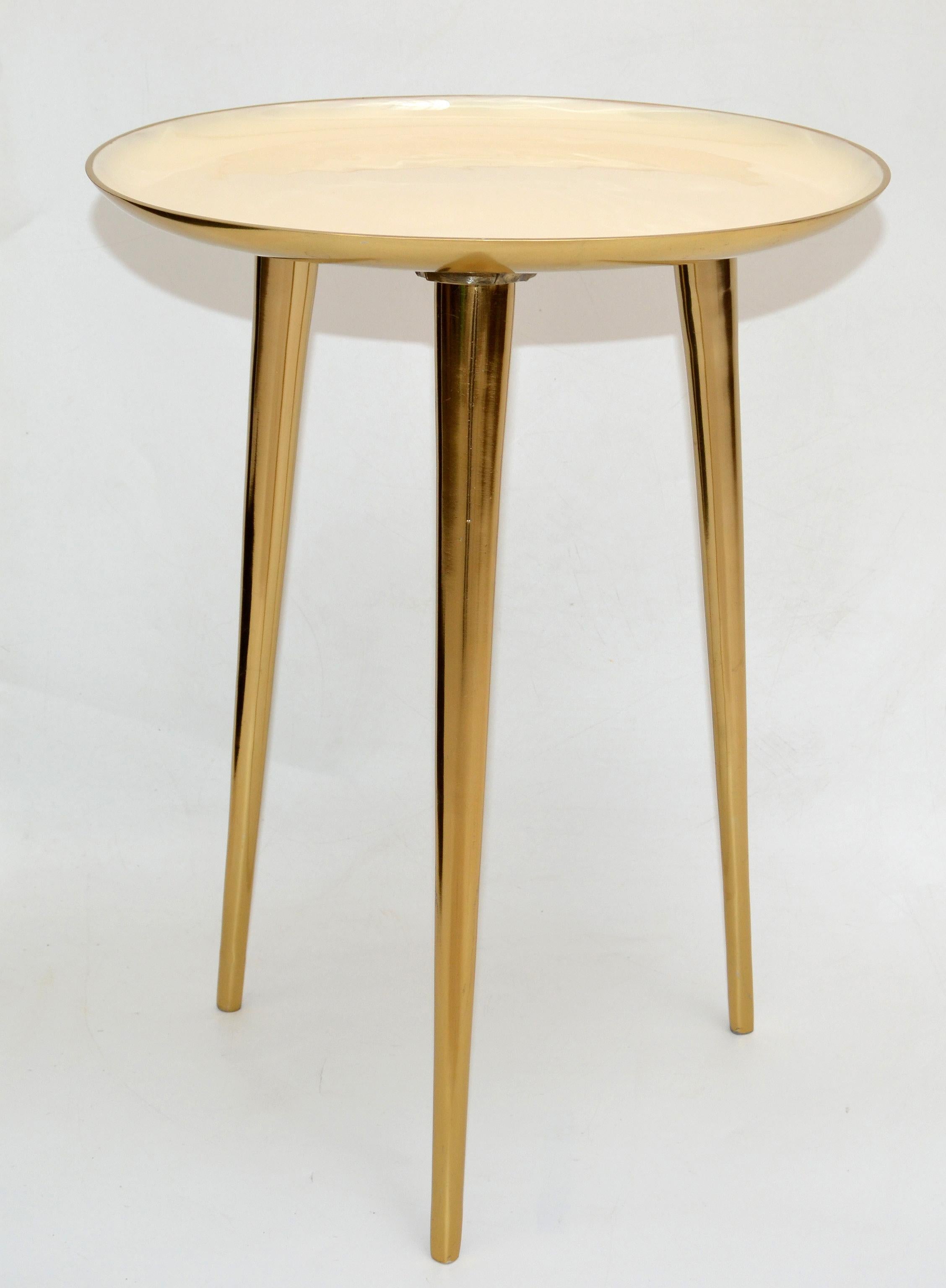 Mid-Century Modern Round Three-Legged Brass & Beige Enamel Side, End Table 1950s 8
