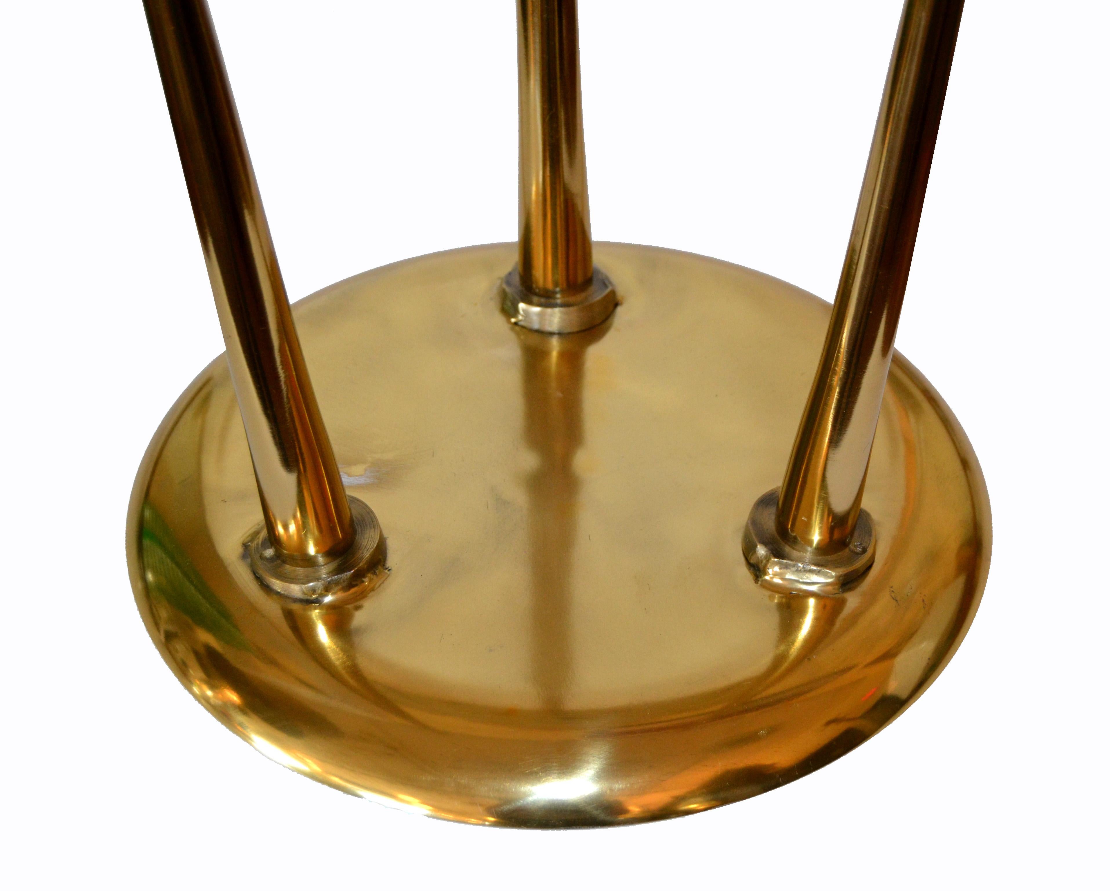 Polished Mid-Century Modern Round Three-Legged Brass & Beige Enamel Side, End Table 1950s
