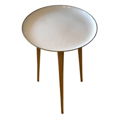 Mid-Century Modern Round Three-Legged Brass & Beige Enamel Side, End Table 1950s