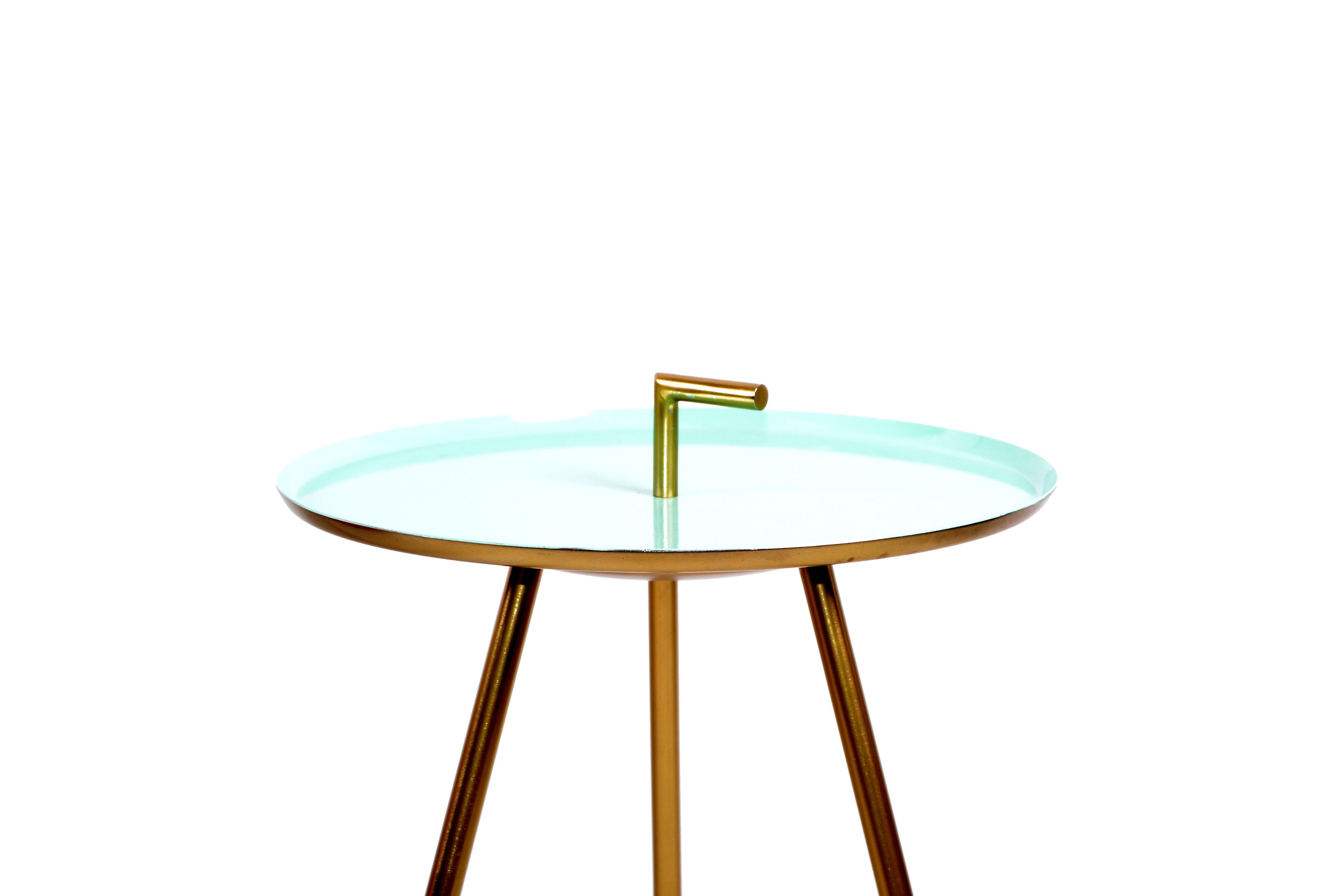 Italian Mid-Century Modern Round Three-Legged Brass & Turquoise Enamel Side Table, 1950s