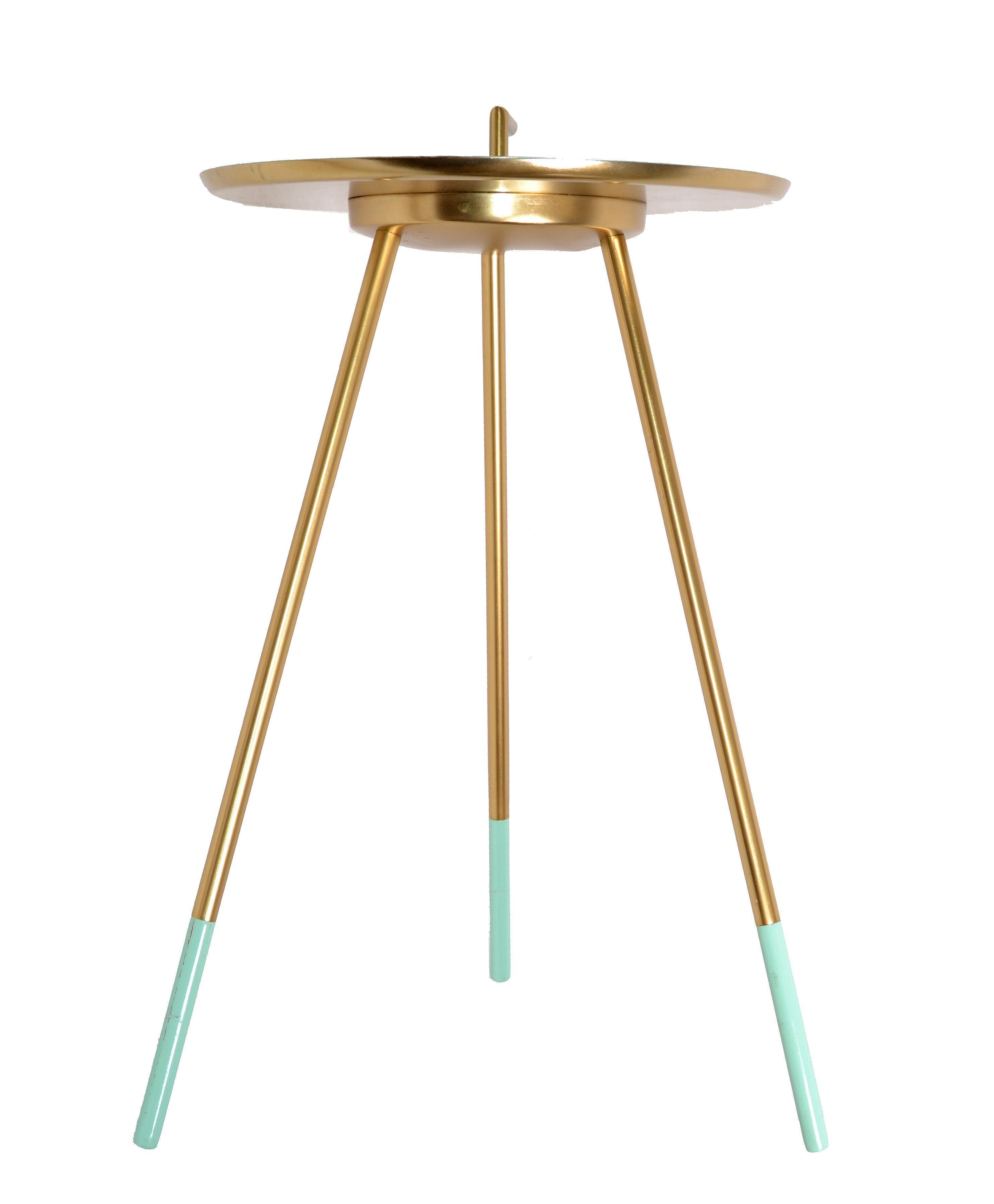Polished Mid-Century Modern Round Three-Legged Brass & Turquoise Enamel Side Table, 1950s