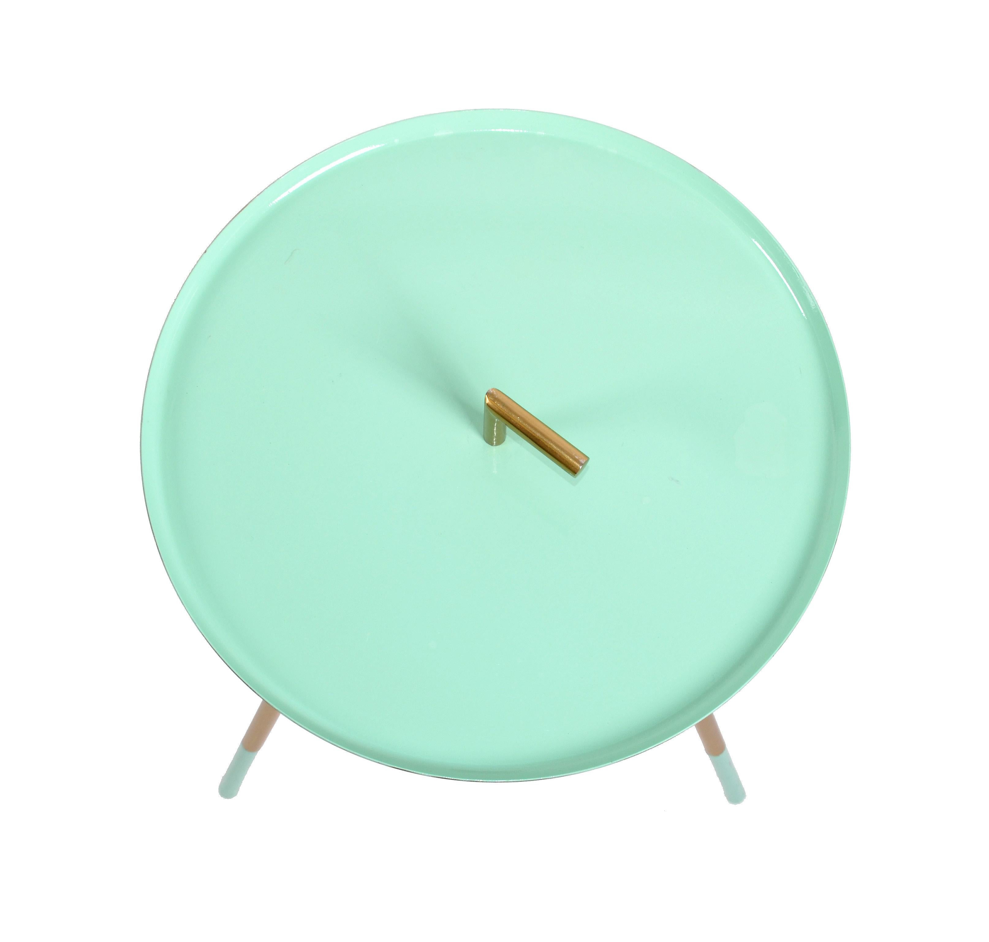Mid-Century Modern Round Three-Legged Brass & Turquoise Enamel Side Table, 1950s In Good Condition In Miami, FL