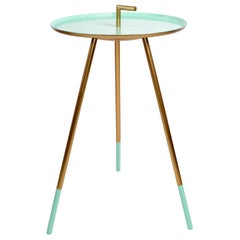 Mid-Century Modern Round Three-Legged Brass & Turquoise Enamel Side Table, 1950s