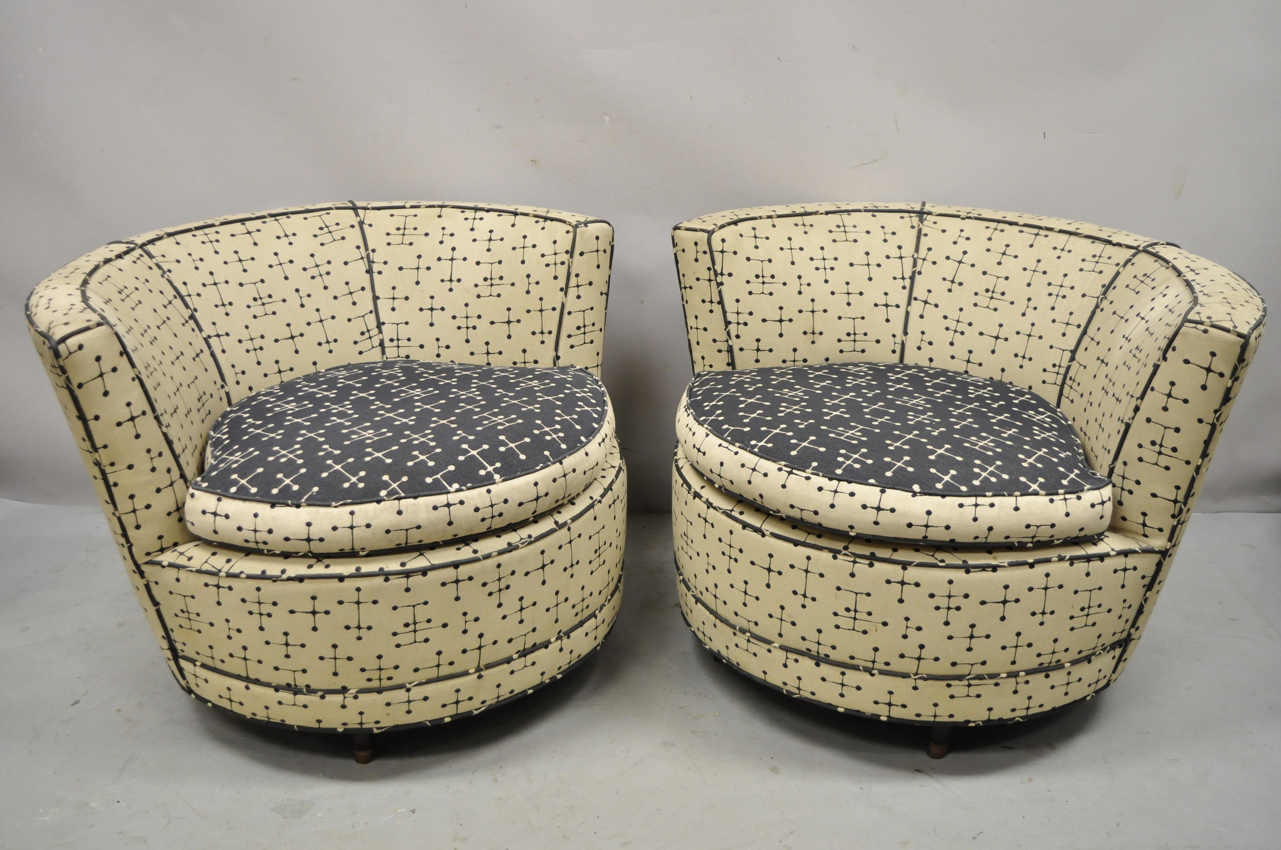 Vintage Mid-Century Modern large round upholstered Pearsall style club lounge chairs - a pair. Item features large round frames, short tapered legs, upholstered frames, very nice vintage pair, clean modernist lines, great style and form. Circa mid