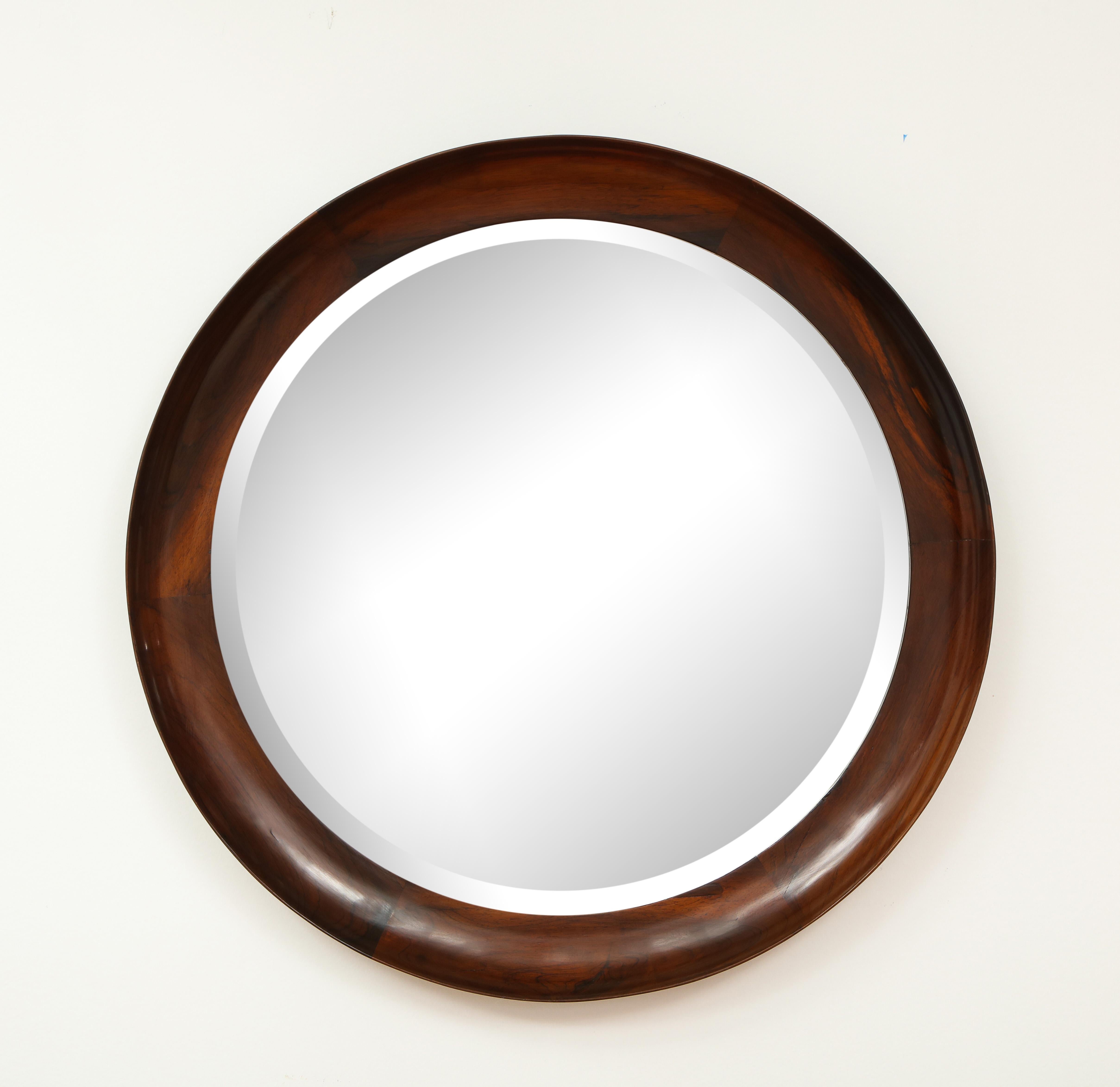 Varnished Mid-Century Modern Round Wall Mirror in Wood Frame by OCA, Brazil, 1960s