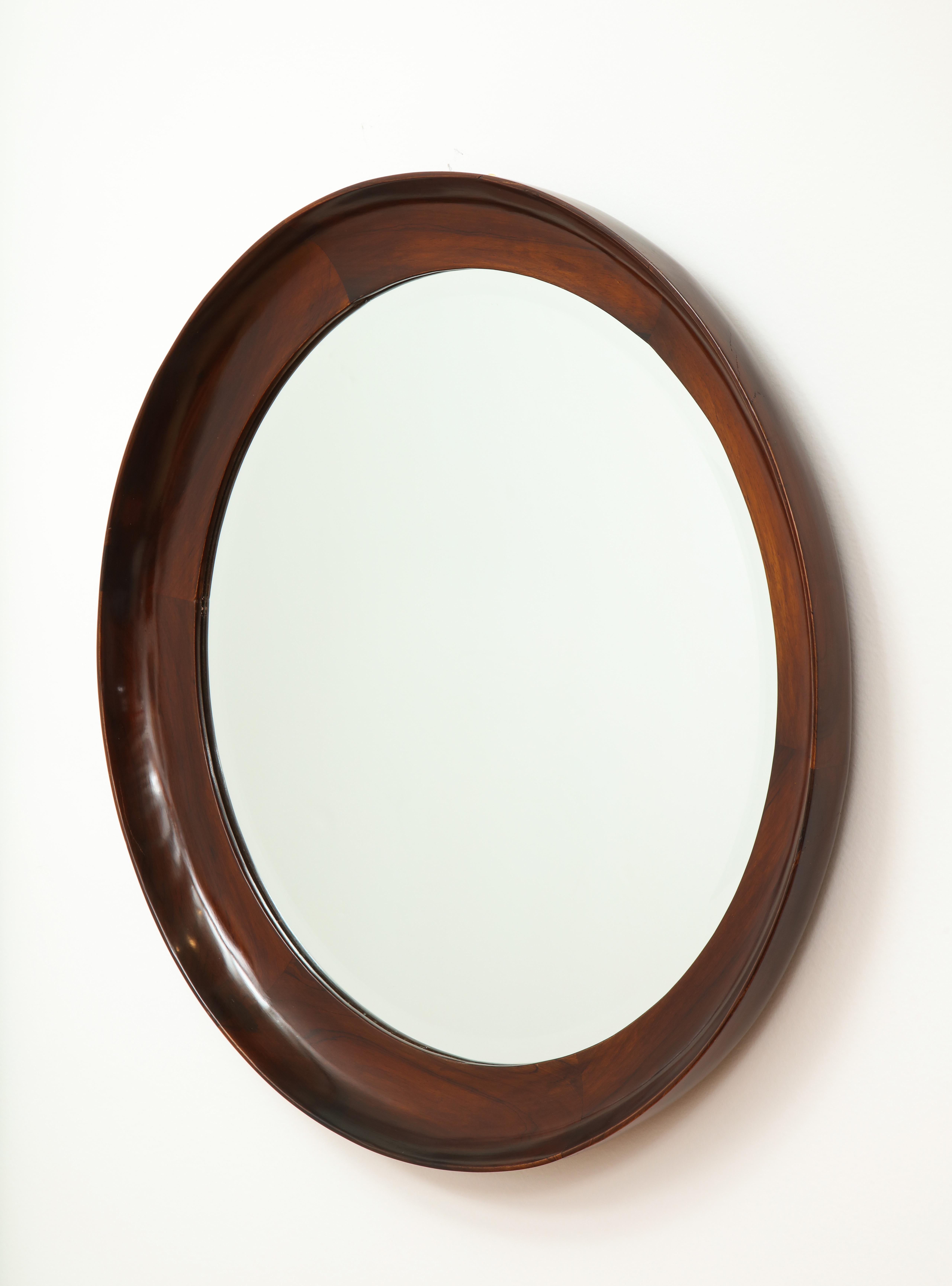 Mid-Century Modern Round Wall Mirror in Wood Frame by OCA, Brazil, 1960s In Good Condition In Deerfield Beach, FL