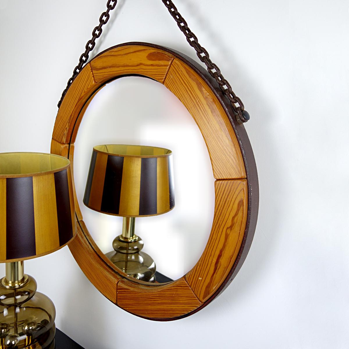 Scandinavian Mid-Century Modern Round Wall Mirror with Segmented Wooden Frame and Steel Chain For Sale