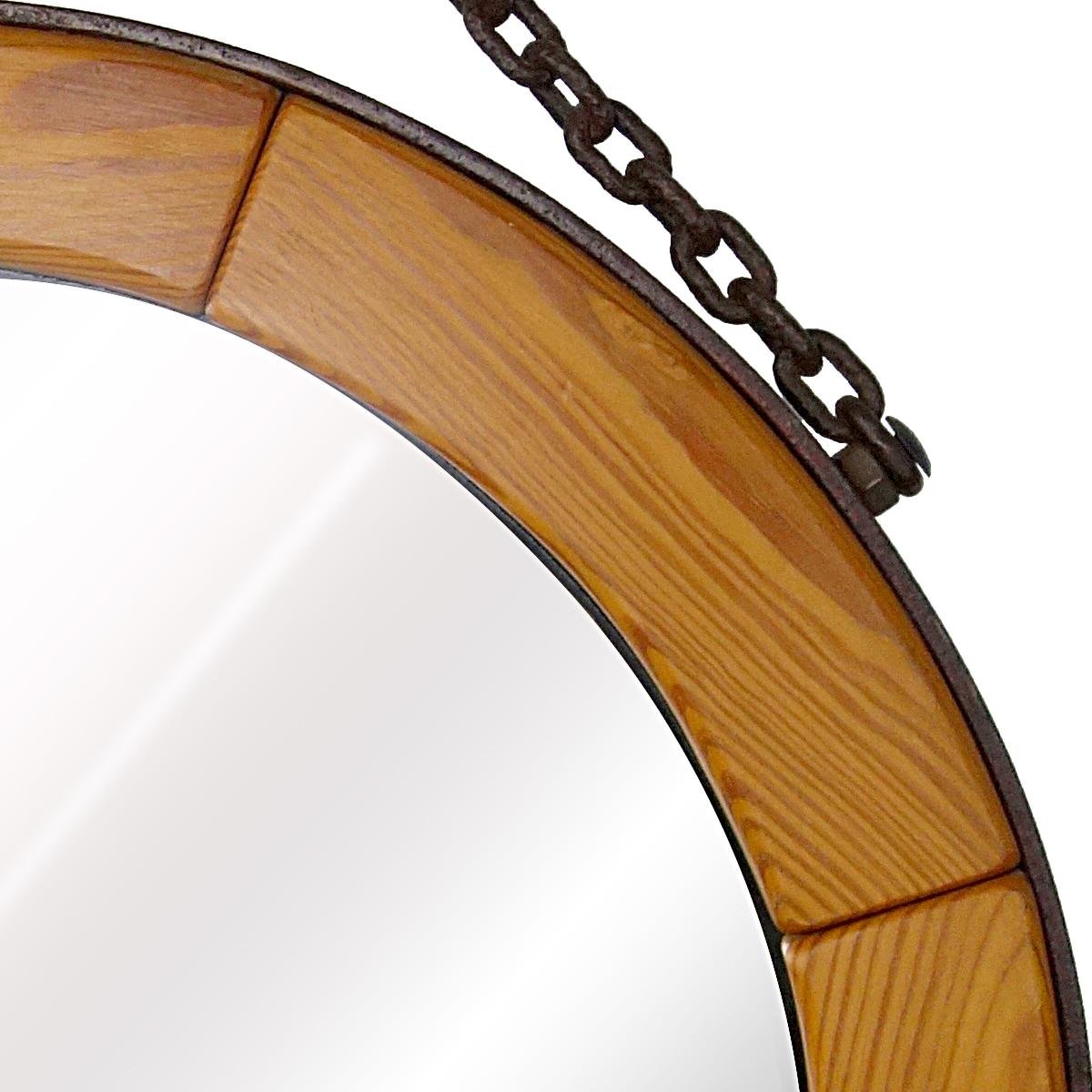 20th Century Mid-Century Modern Round Wall Mirror with Segmented Wooden Frame and Steel Chain For Sale