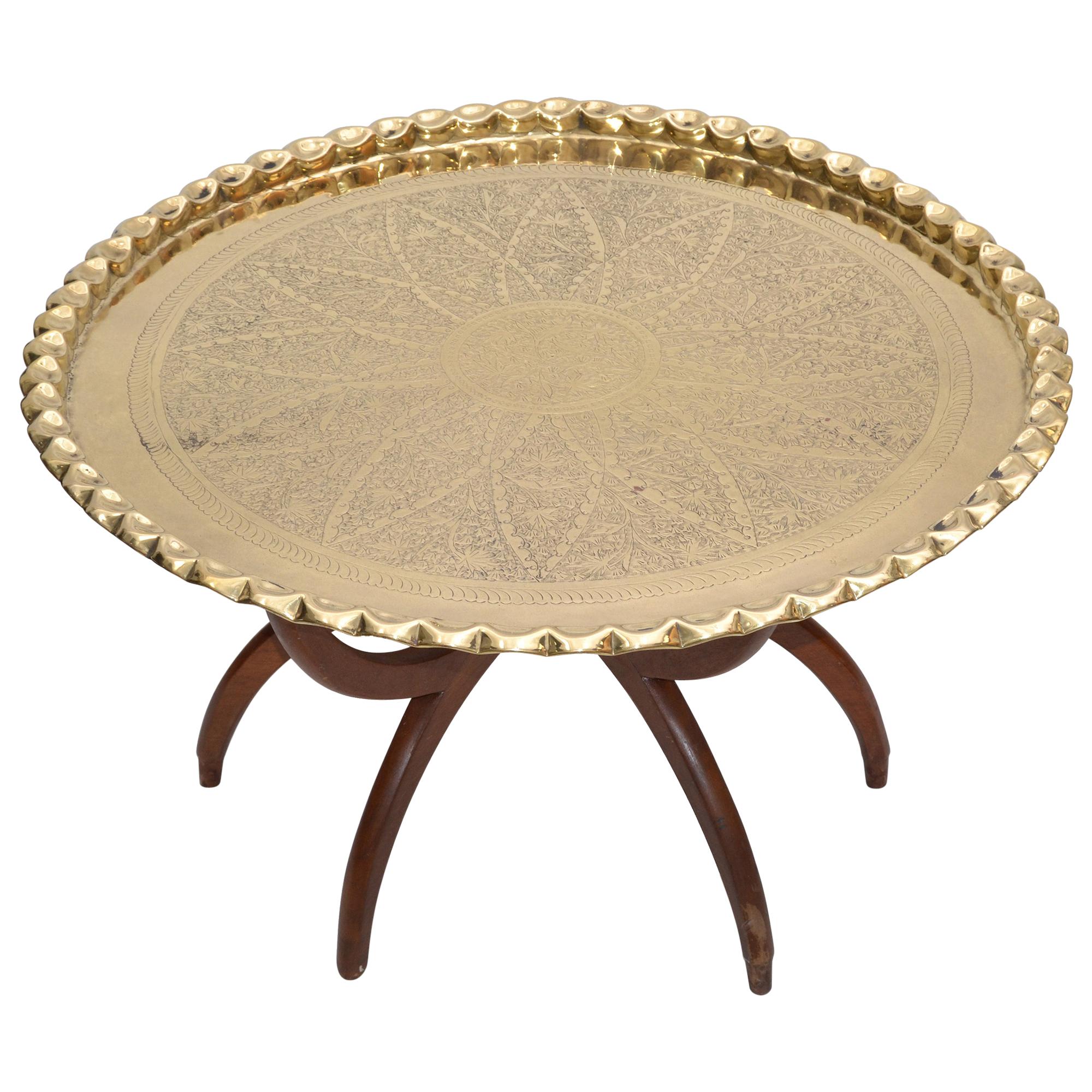 Mid-Century Modern Round Walnut Spider Leg and Bronze Moroccan Tray Coffee Table