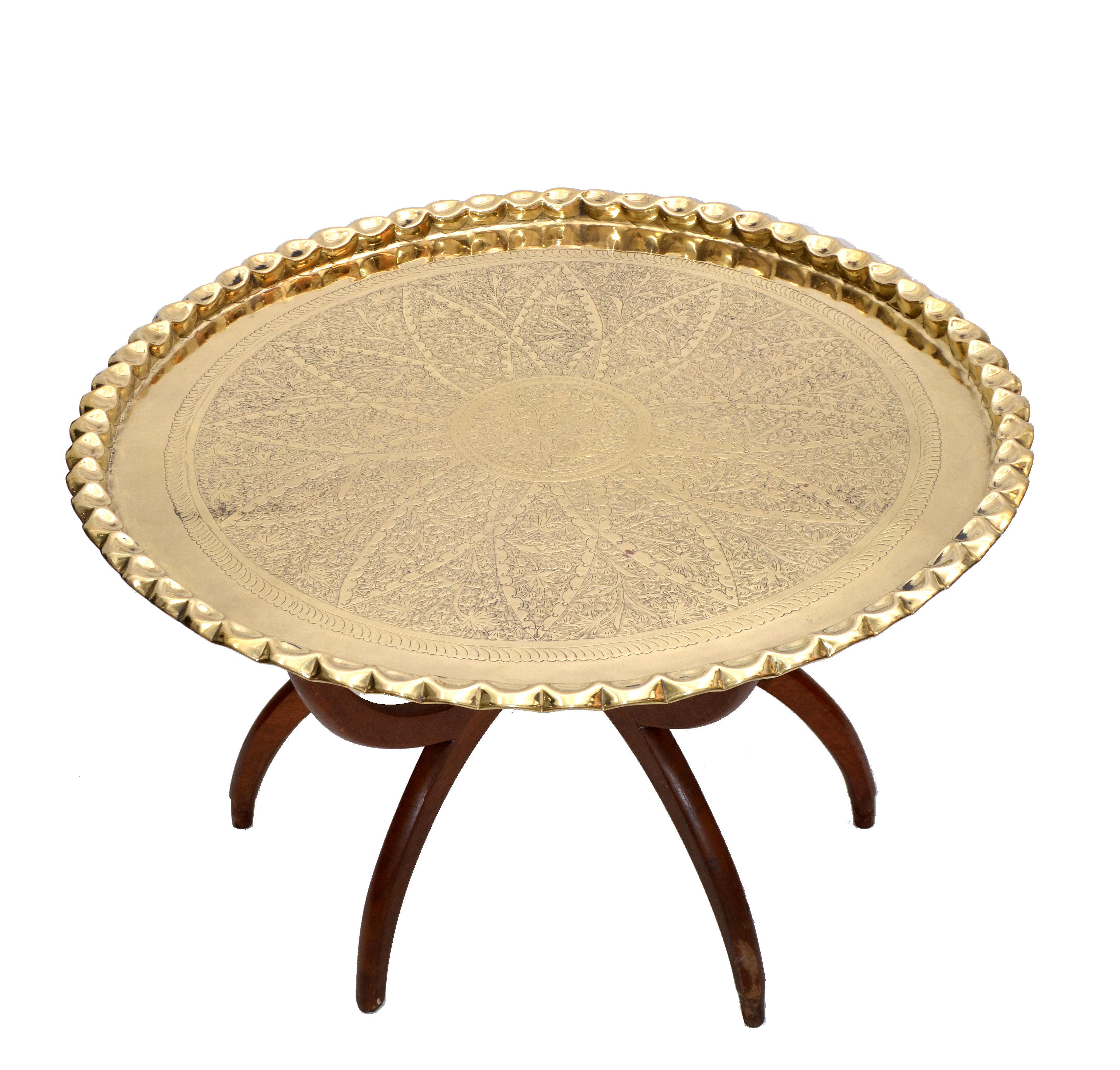Brass Mid-Century Modern Round Walnut Spider Leg and Bronze Moroccan Tray Coffee Table For Sale
