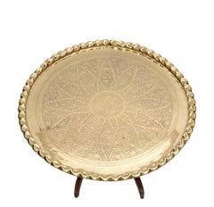 Mid-Century Modern Round Walnut Spider Leg and Bronze Moroccan Tray Coffee Table