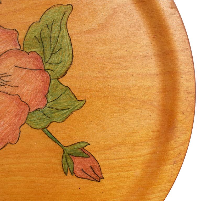 20th Century Mid-Century Modern Round Wood Hibiscus Tray with Floral Motif in Pink and Green