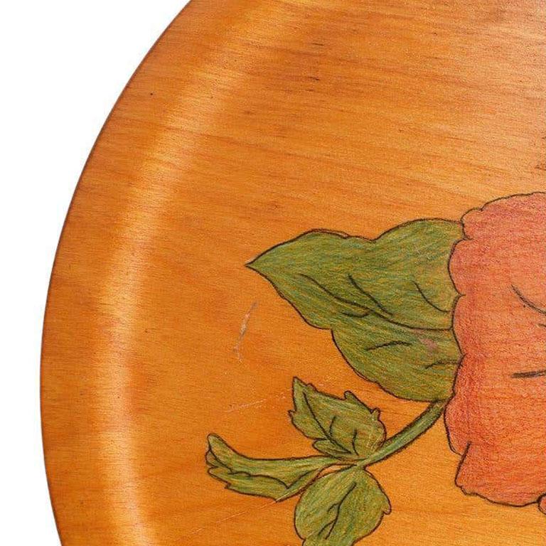 Mid-Century Modern Round Wood Hibiscus Tray with Floral Motif in Pink and Green 1
