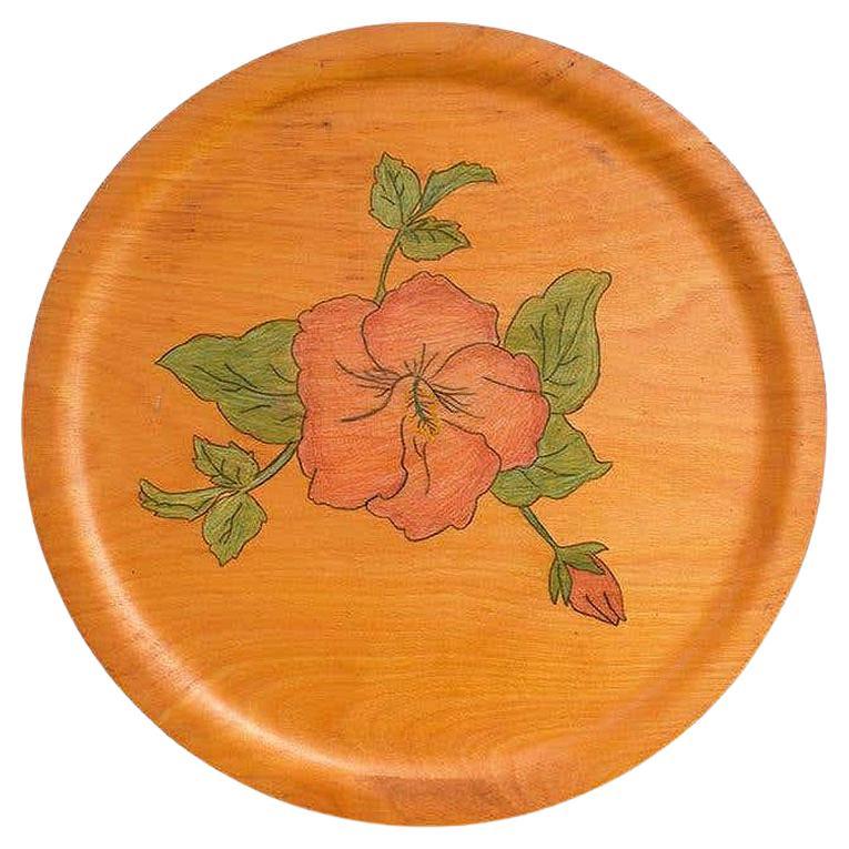 Mid-Century Modern Round Wood Hibiscus Tray with Floral Motif in Pink and Green