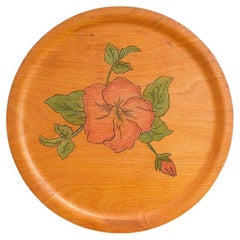 Mid-Century Modern Round Wood Hibiscus Tray with Floral Motif in Pink and Green